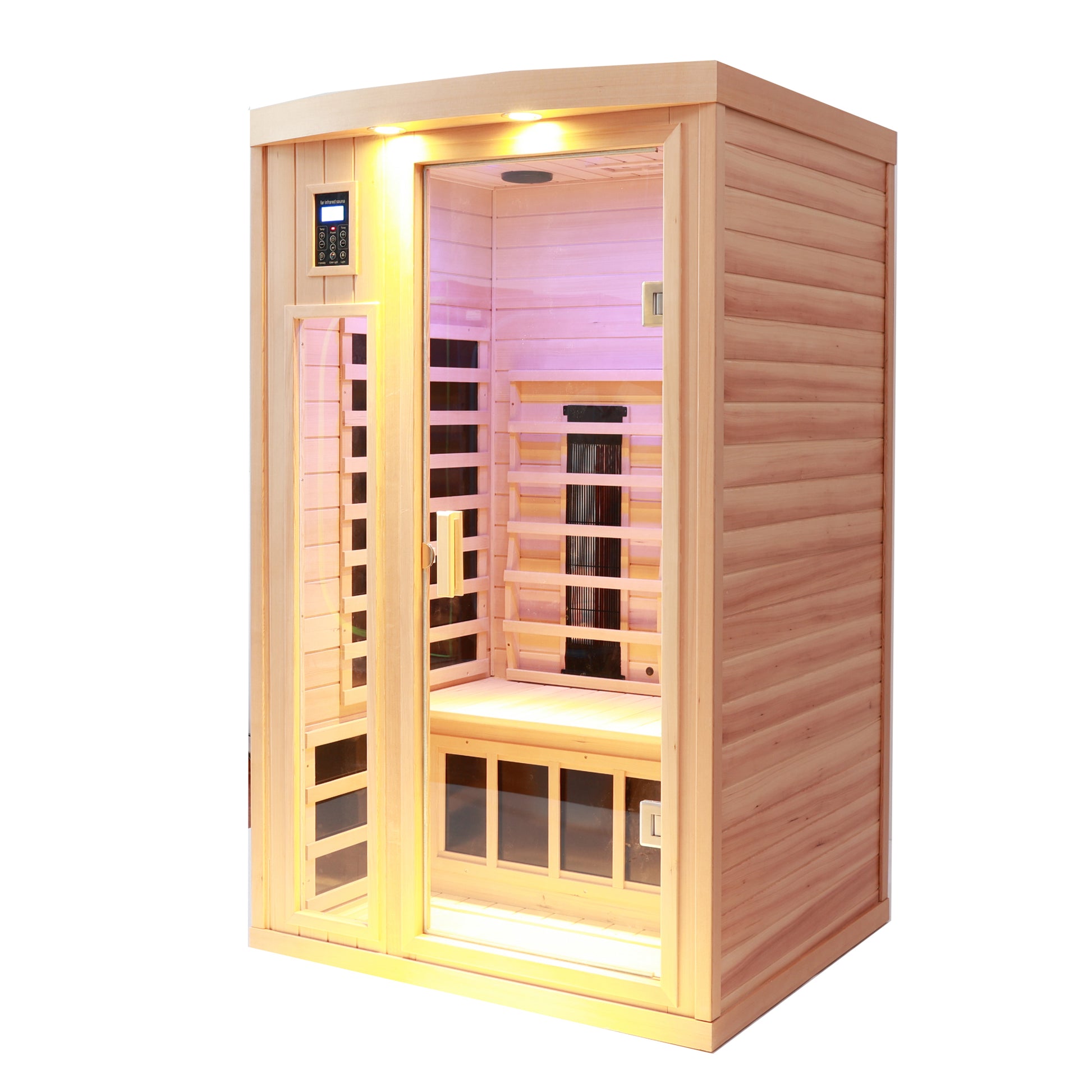Two Person Hemlock Far Infrared Heating Sauna With Reading Lights Colored Lights Bluetooth External Lights Natural Wood Solid Wood