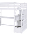 Twin Size Loft Bed With Desk And Shelves, Two Built In Drawers, Storage Staircase, White White Pine