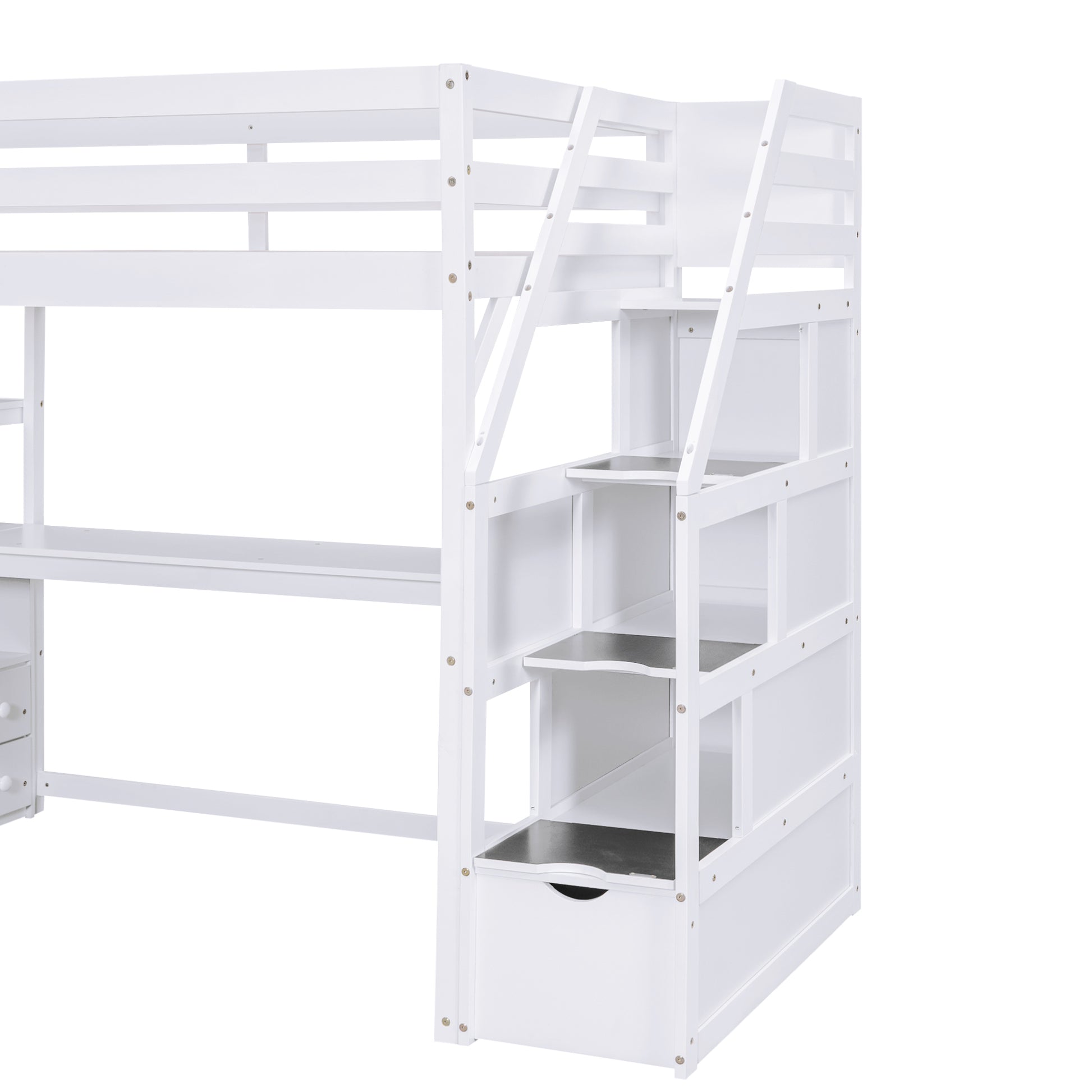 Twin Size Loft Bed With Desk And Shelves, Two Built In Drawers, Storage Staircase, White White Pine