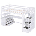 Twin Size Loft Bed With Desk And Shelves, Two Built In Drawers, Storage Staircase, White White Pine