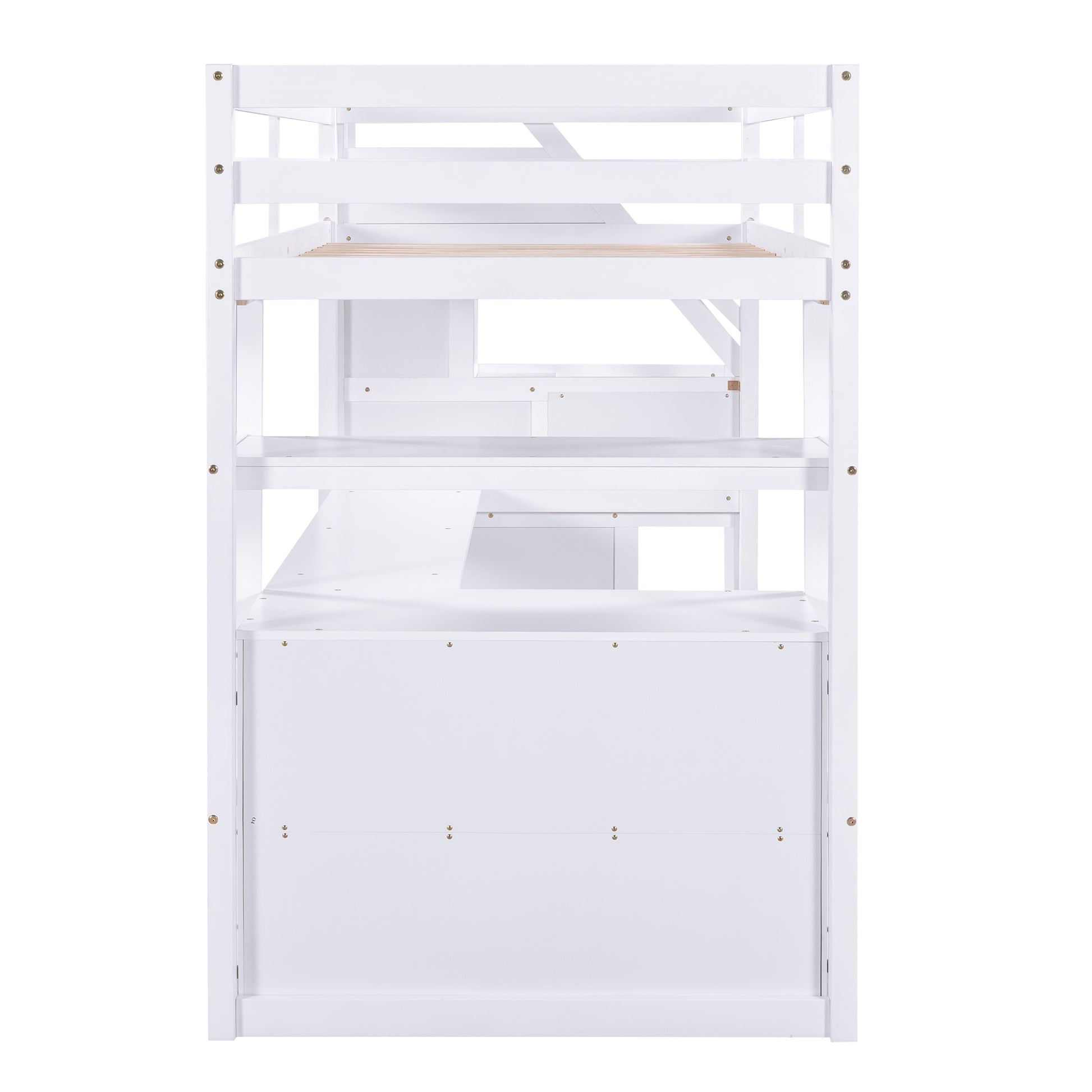 Twin Size Loft Bed With Desk And Shelves, Two Built In Drawers, Storage Staircase, White White Pine