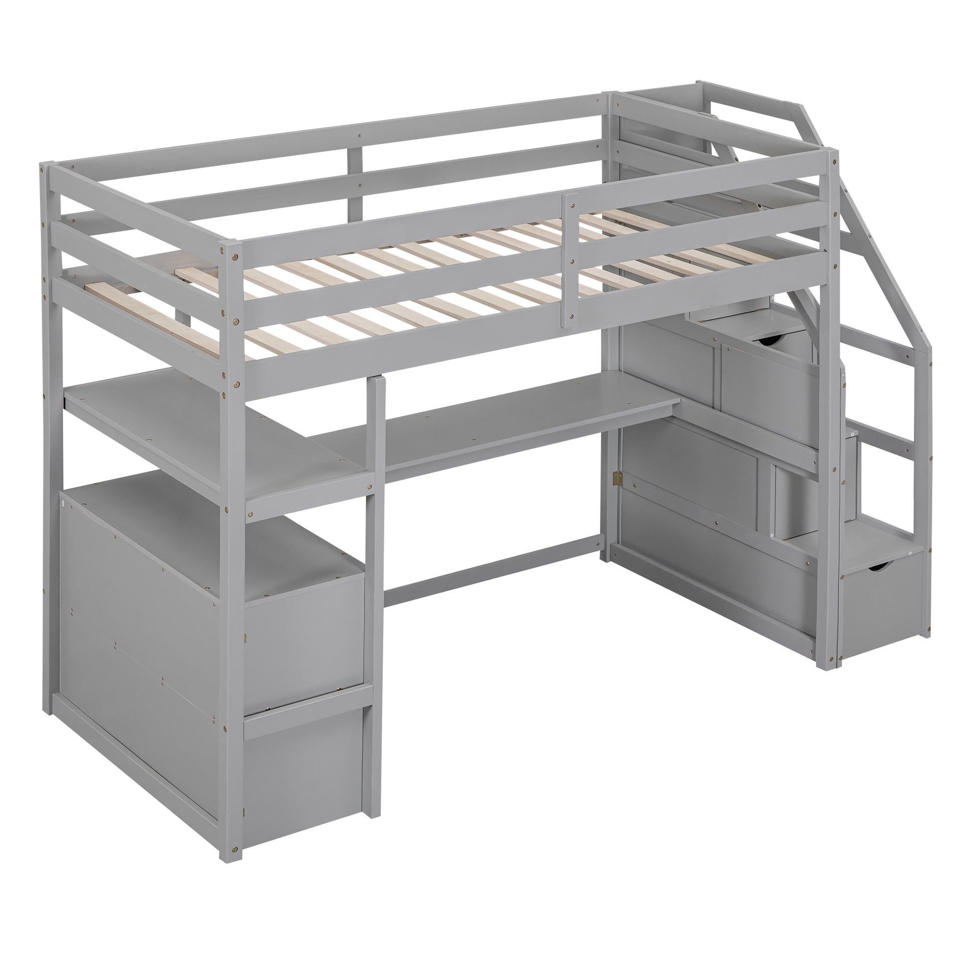 Twin Size Loft Bed With Desk And Shelves, Two Built In Drawers, Storage Staircase, Gray Gray Pine