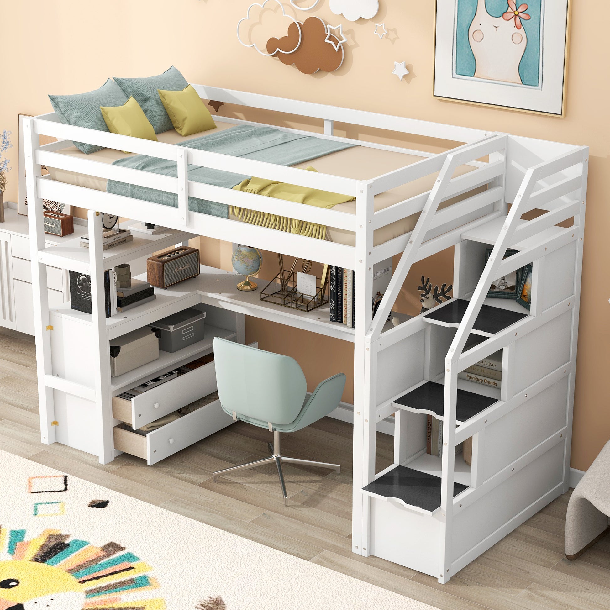 Twin Size Loft Bed With Desk And Shelves, Two Built In Drawers, Storage Staircase, White White Pine