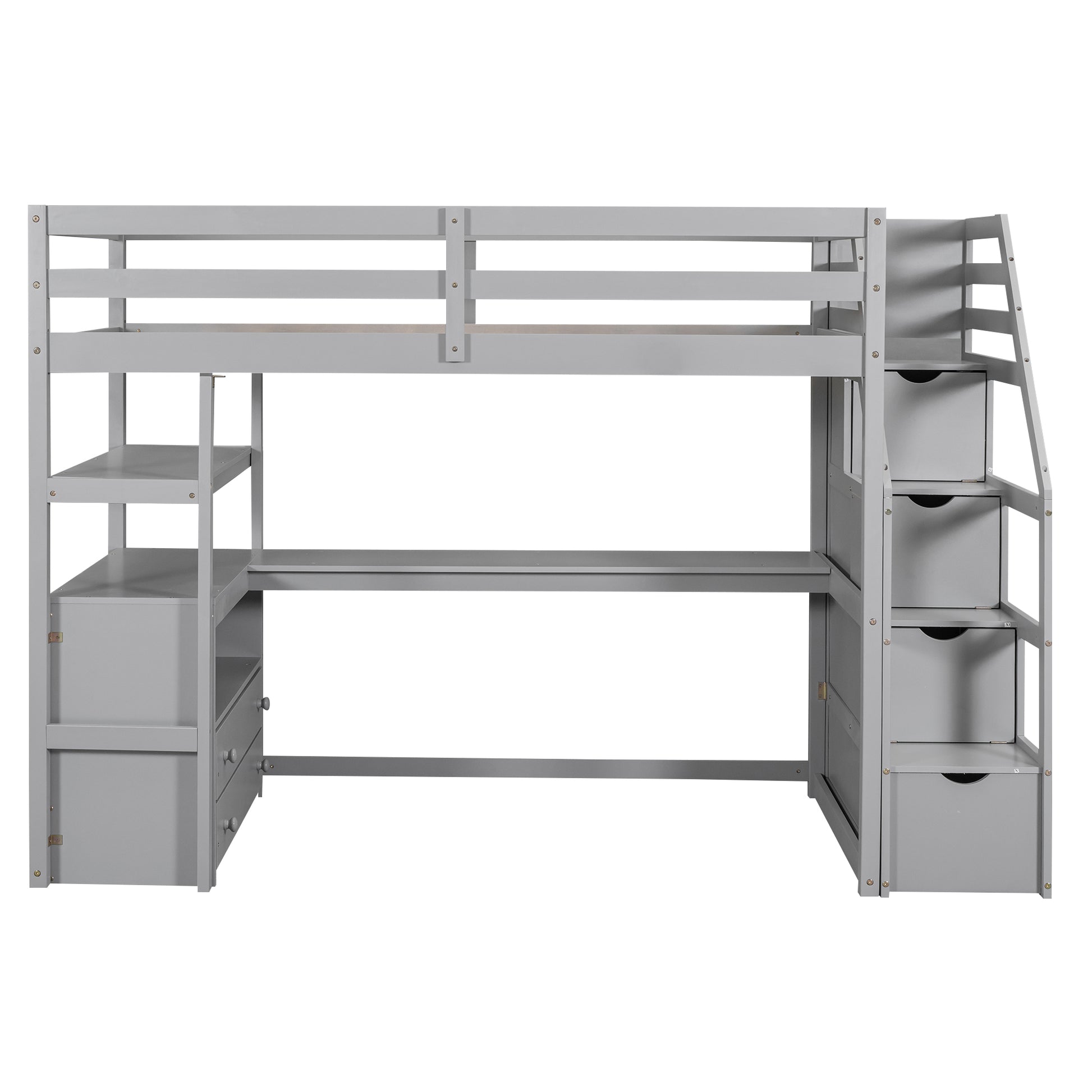 Twin Size Loft Bed With Desk And Shelves, Two Built In Drawers, Storage Staircase, Gray Gray Pine