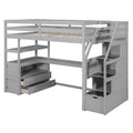 Twin Size Loft Bed With Desk And Shelves, Two Built In Drawers, Storage Staircase, Gray Gray Pine