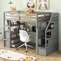 Twin Size Loft Bed With Desk And Shelves, Two Built In Drawers, Storage Staircase, Gray Gray Pine