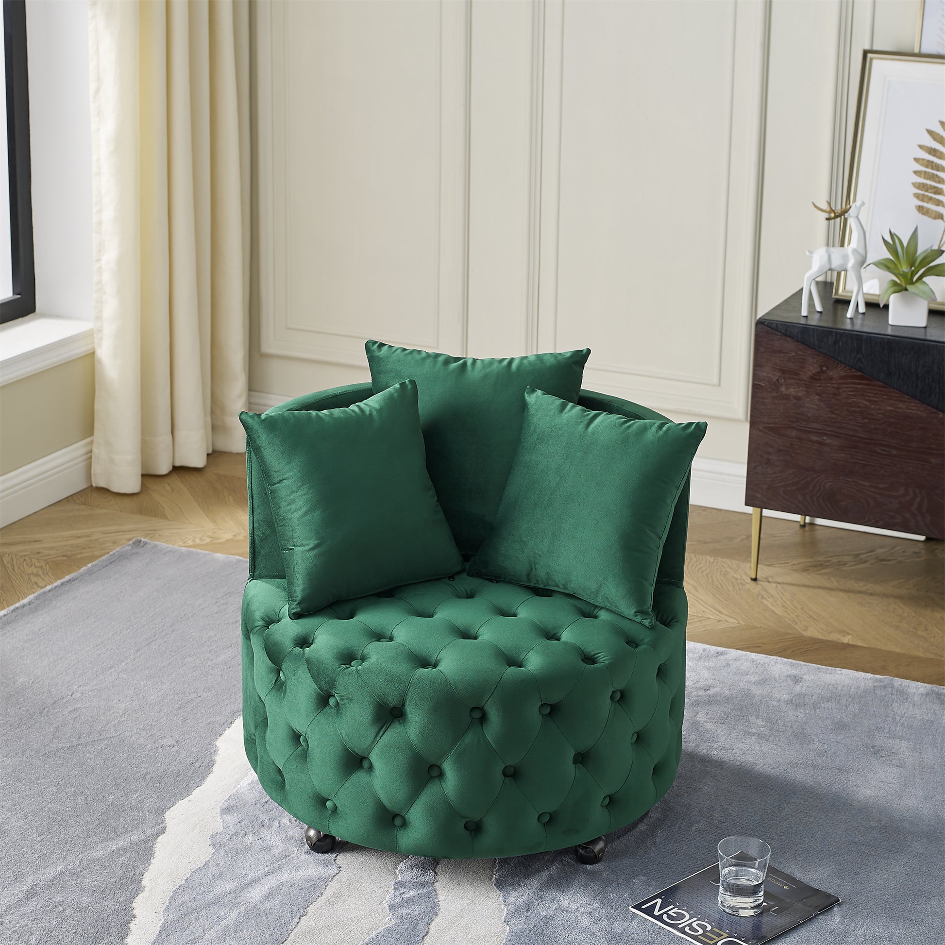 Velvet Upholstered Swivel Chair For Living Room, With Button Tufted Design And Movable Wheels, Including 3 Pillows, Green Green Foam
