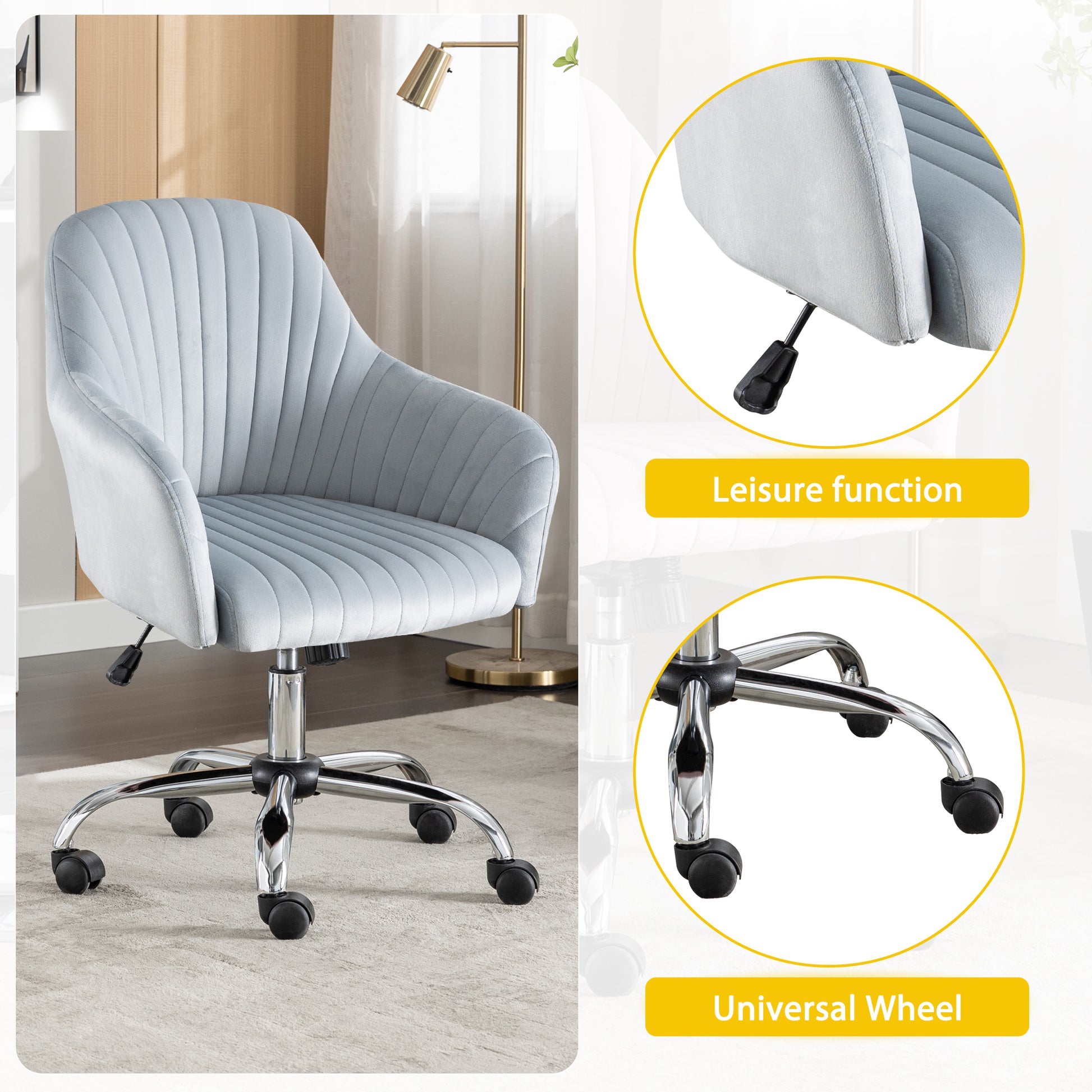 Accent Chair Modern Home Office Leisure Chair With Adjustable Velvet Height And Adjustable Casters Darkgrey Dark Gray Cotton Velvet