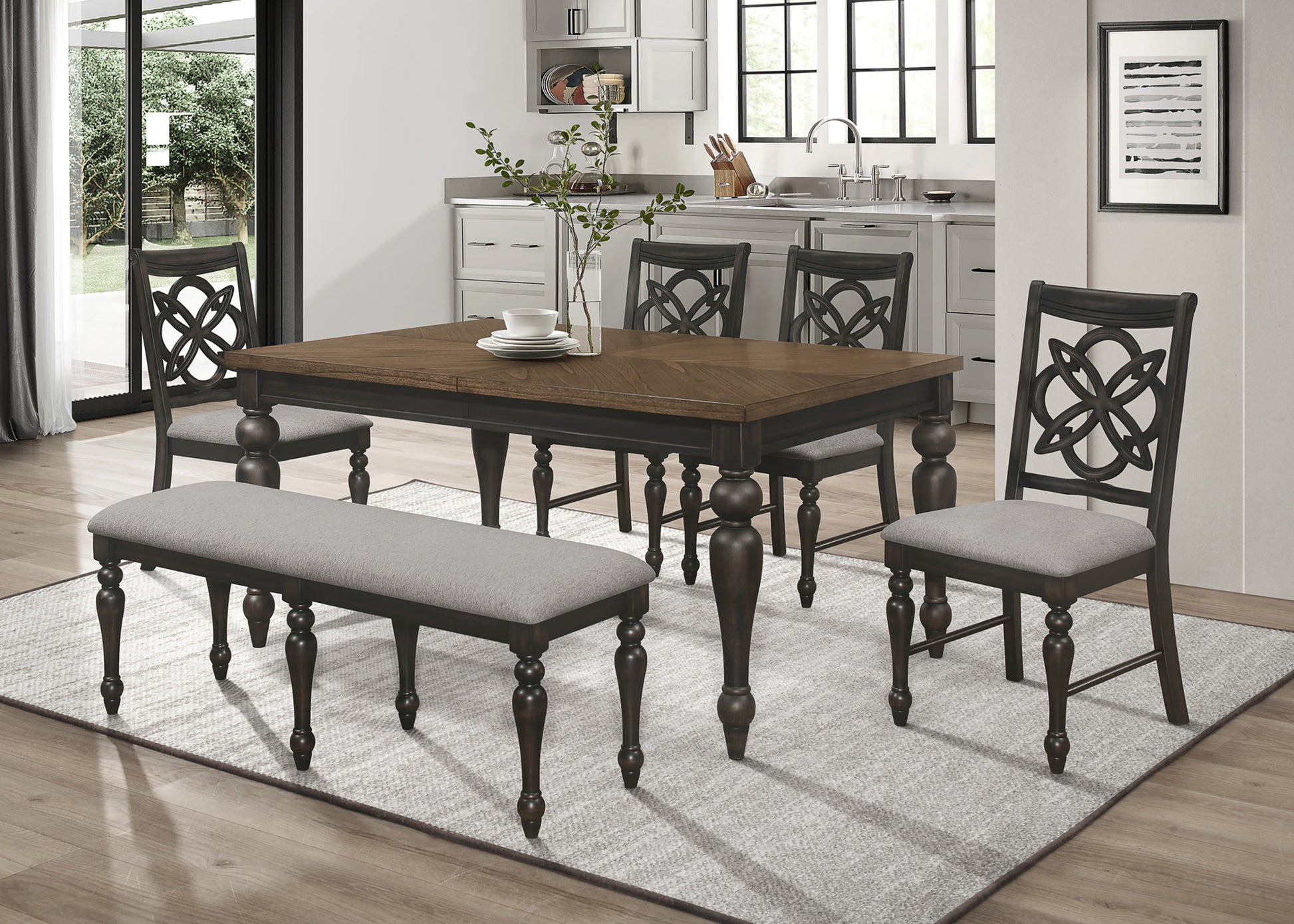 Brown Gray Finish Rectangular Extendable Table Top 18" Leaf Upholstered Seats Chair Bench Wooden Dining Room Furniture 6Pc Set Wood Wood Grey Brown Gray Seats 4 Wood Dining Room Extendable Traditional,Vintage Rectangular Rectangular Dining Table With