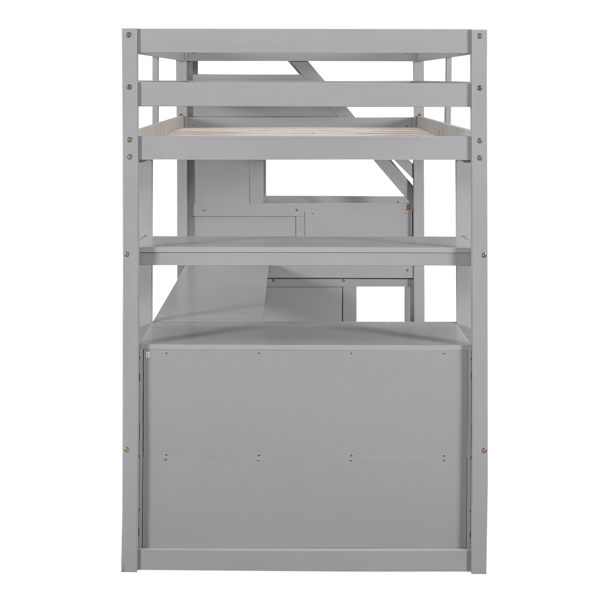 Twin Size Loft Bed With Desk And Shelves, Two Built In Drawers, Storage Staircase, Gray Gray Pine