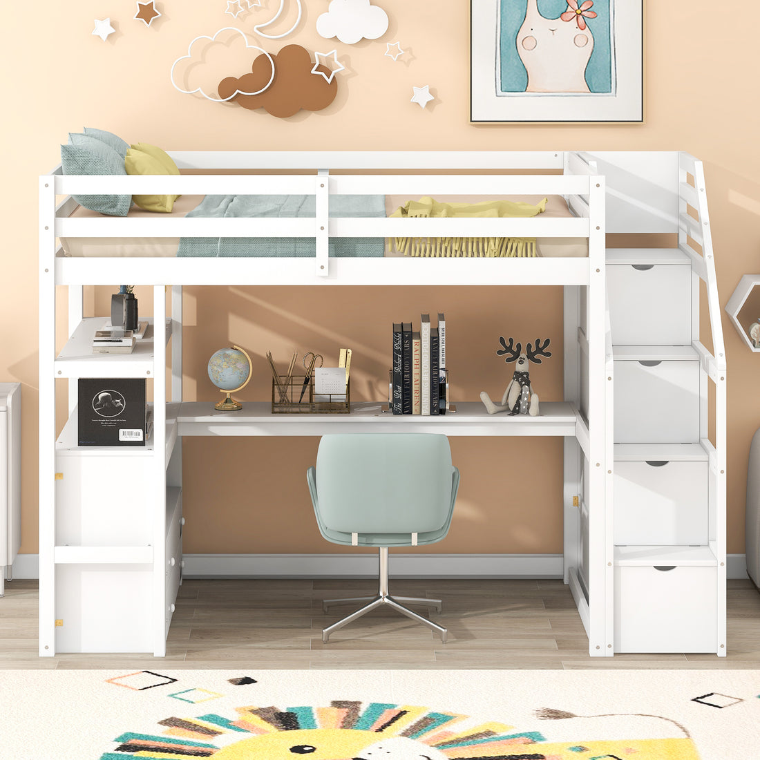 Twin Size Loft Bed With Desk And Shelves, Two Built In Drawers, Storage Staircase, White White Pine