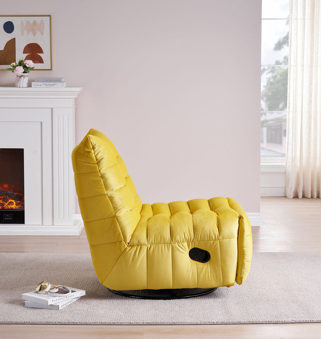 Lazy Chairrotatable Modern Lounge With A Side Pocket, Leisure Upholstered Sofa Chairreading Chair For Small Space Yellow Velvet