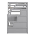 Twin Size Loft Bed With Desk And Shelves, Two Built In Drawers, Storage Staircase, Gray Gray Pine