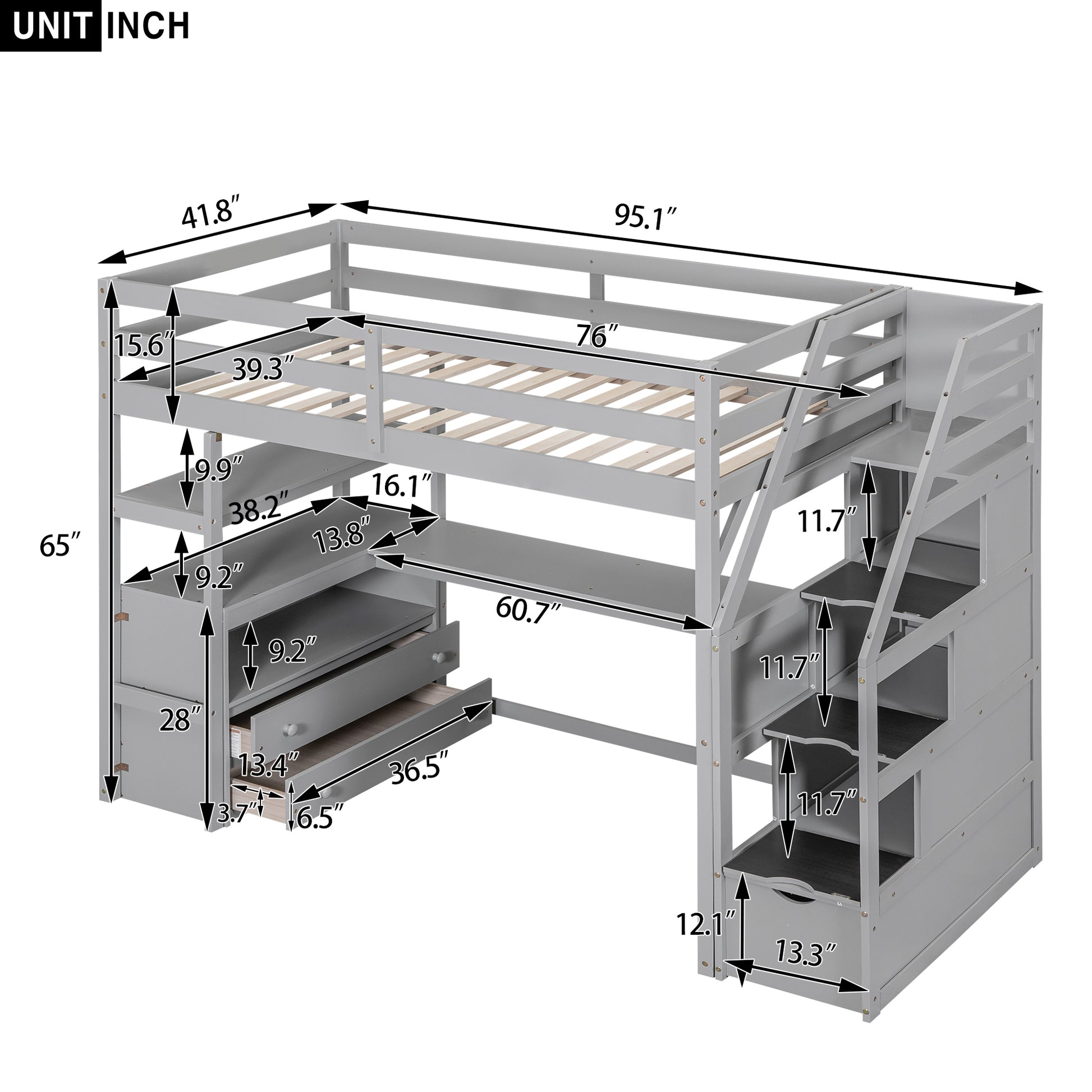 Twin Size Loft Bed With Desk And Shelves, Two Built In Drawers, Storage Staircase, Gray Gray Pine