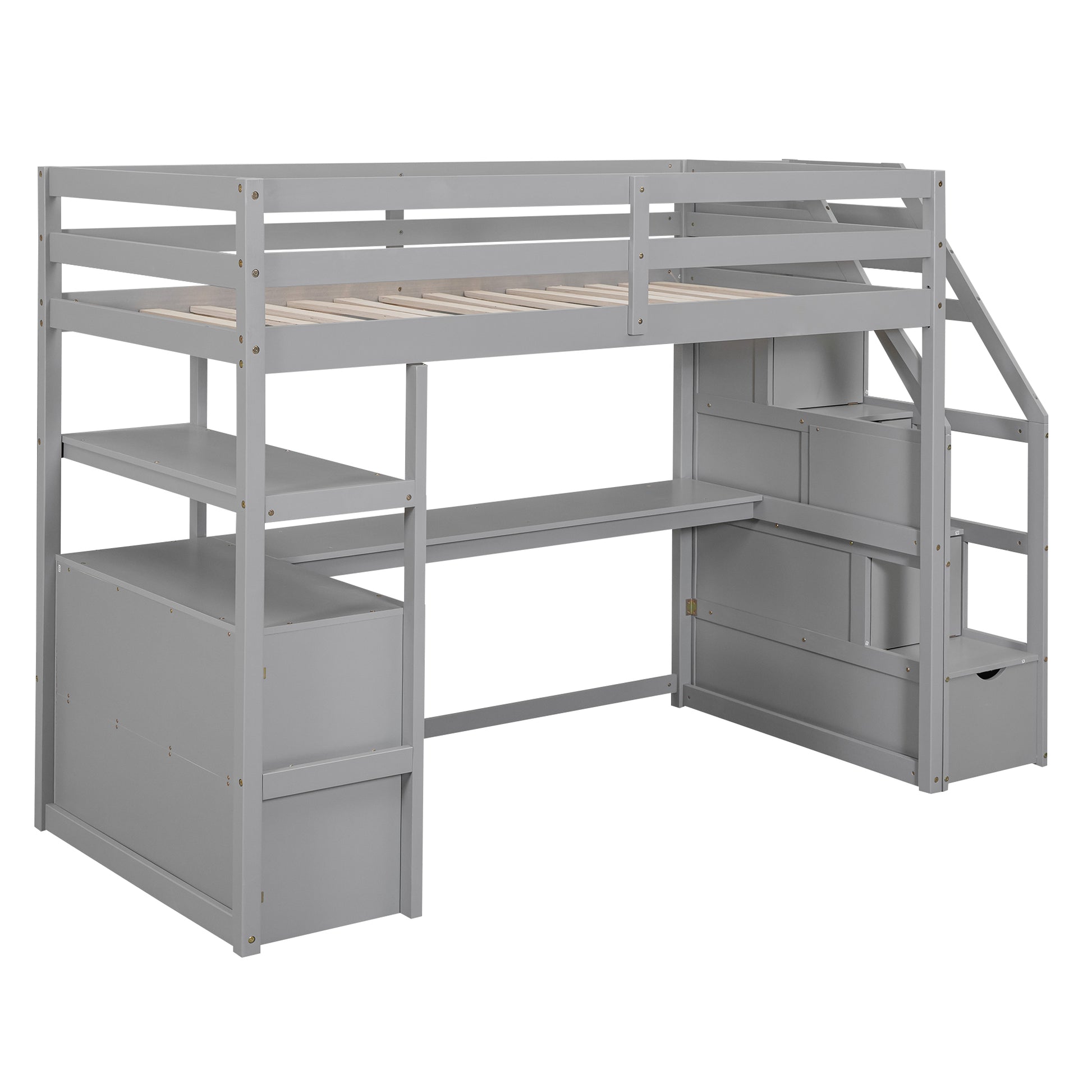 Twin Size Loft Bed With Desk And Shelves, Two Built In Drawers, Storage Staircase, Gray Gray Pine