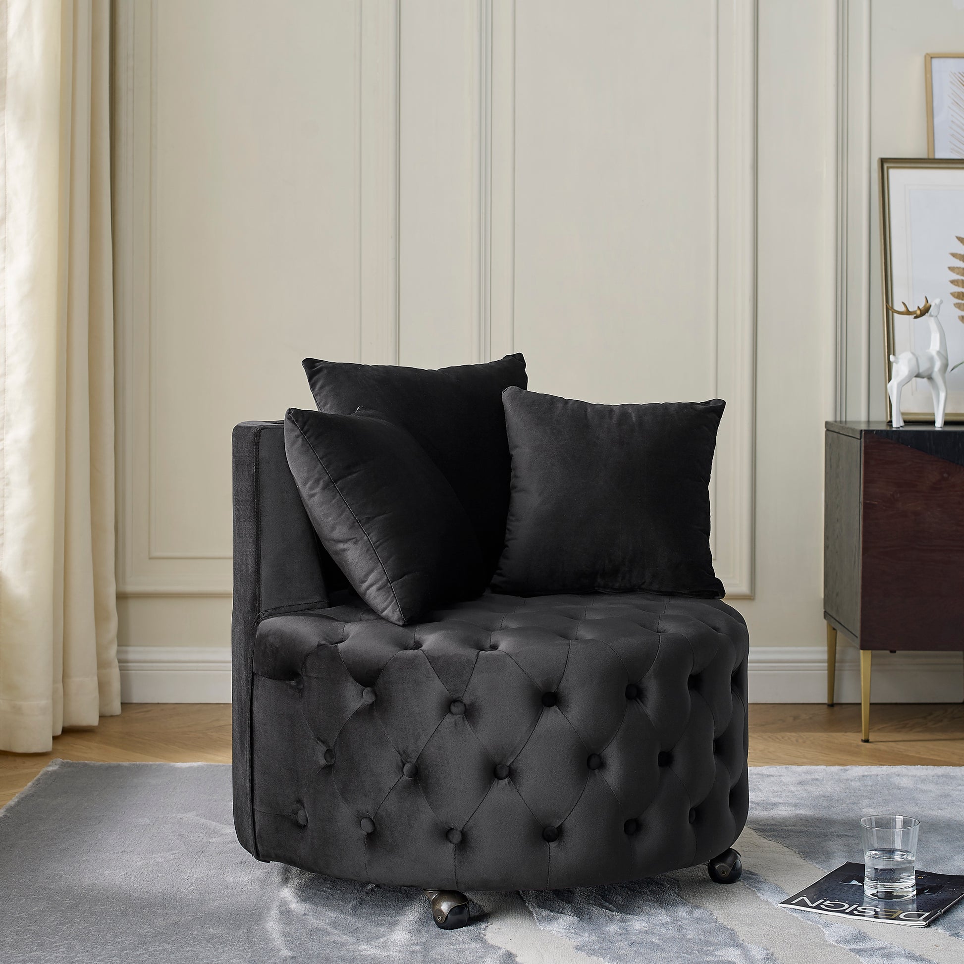 Velvet Upholstered Swivel Chair For Living Room, With Button Tufted Design And Movable Wheels, Including 3 Pillows, Black Black Foam