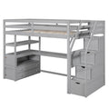 Twin Size Loft Bed With Desk And Shelves, Two Built In Drawers, Storage Staircase, Gray Gray Pine