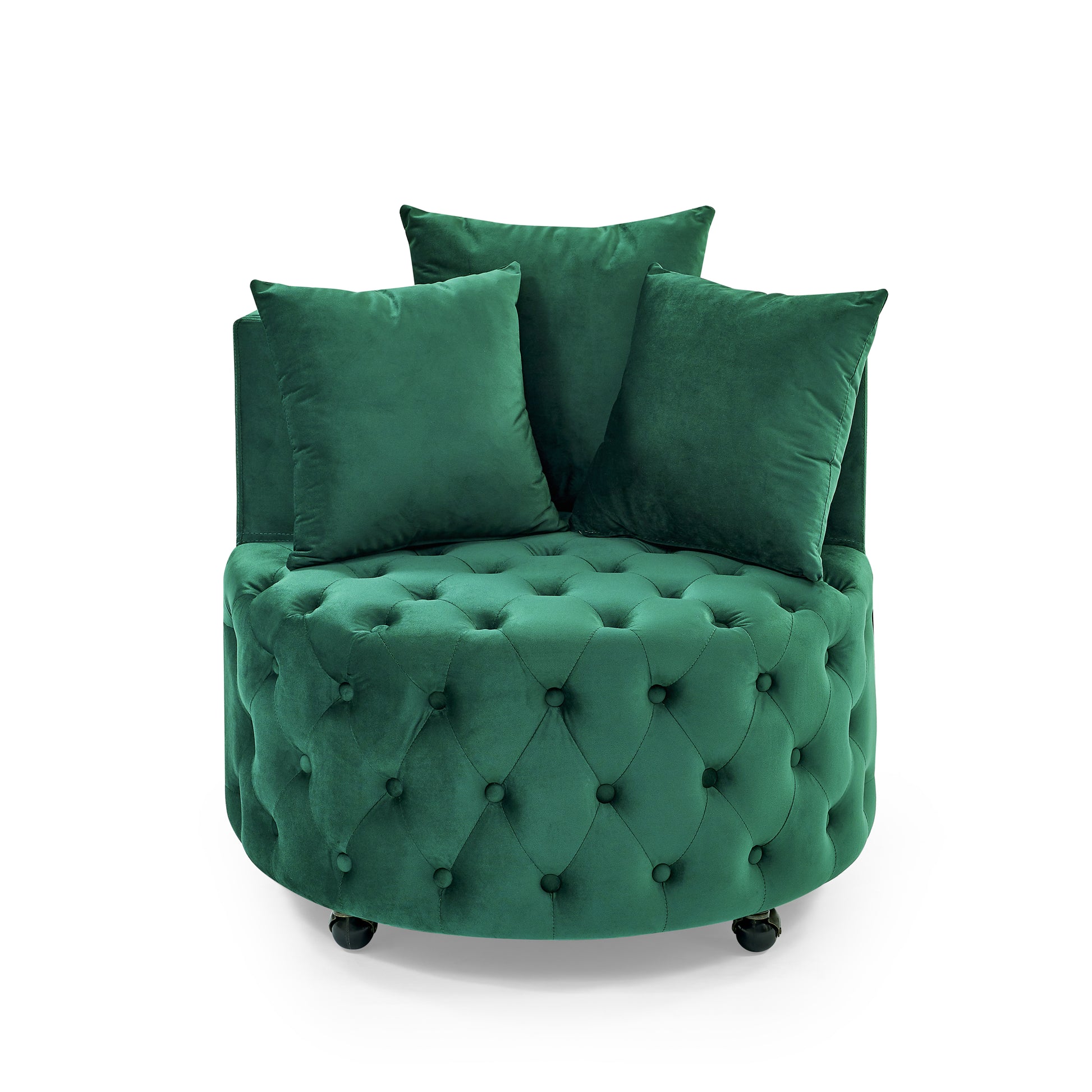 Velvet Upholstered Swivel Chair For Living Room, With Button Tufted Design And Movable Wheels, Including 3 Pillows, Green Green Foam