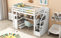 Twin Size Loft Bed With Desk And Shelves, Two Built In Drawers, Storage Staircase, White White Pine