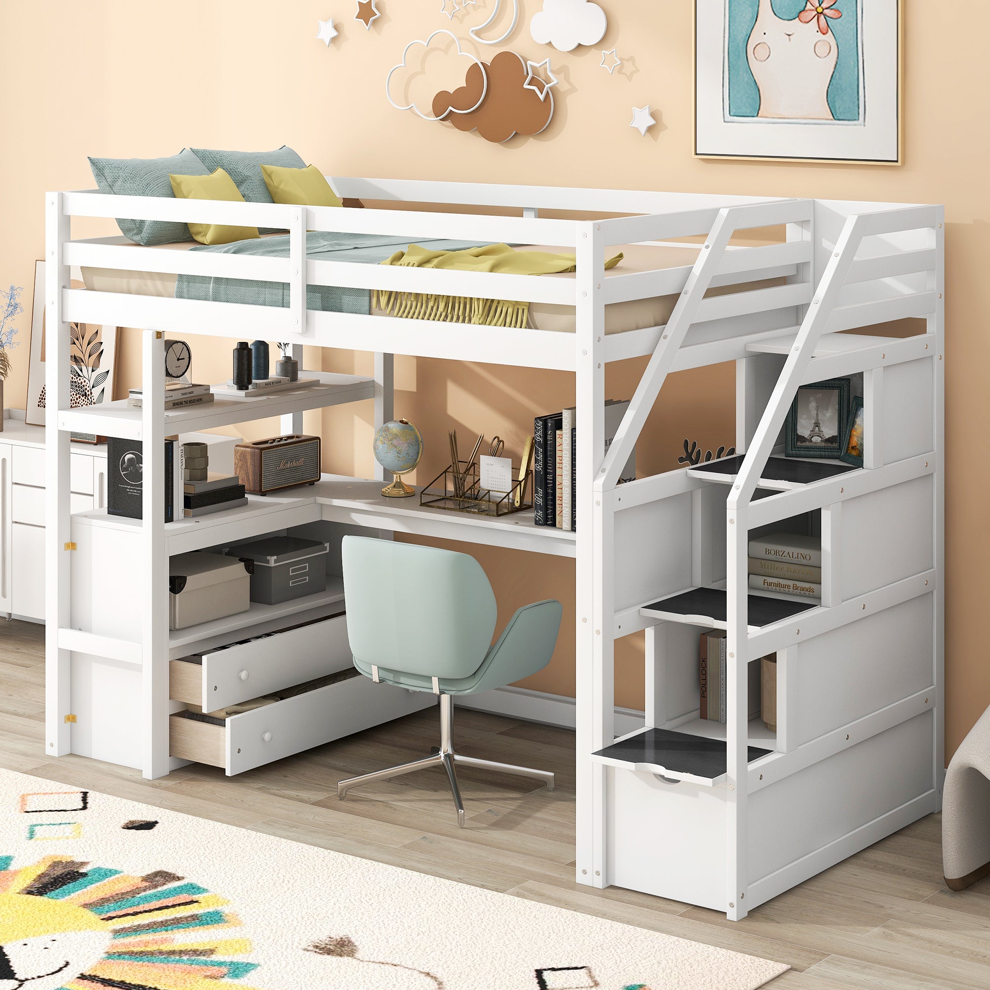 Twin Size Loft Bed With Desk And Shelves, Two Built In Drawers, Storage Staircase, White White Pine