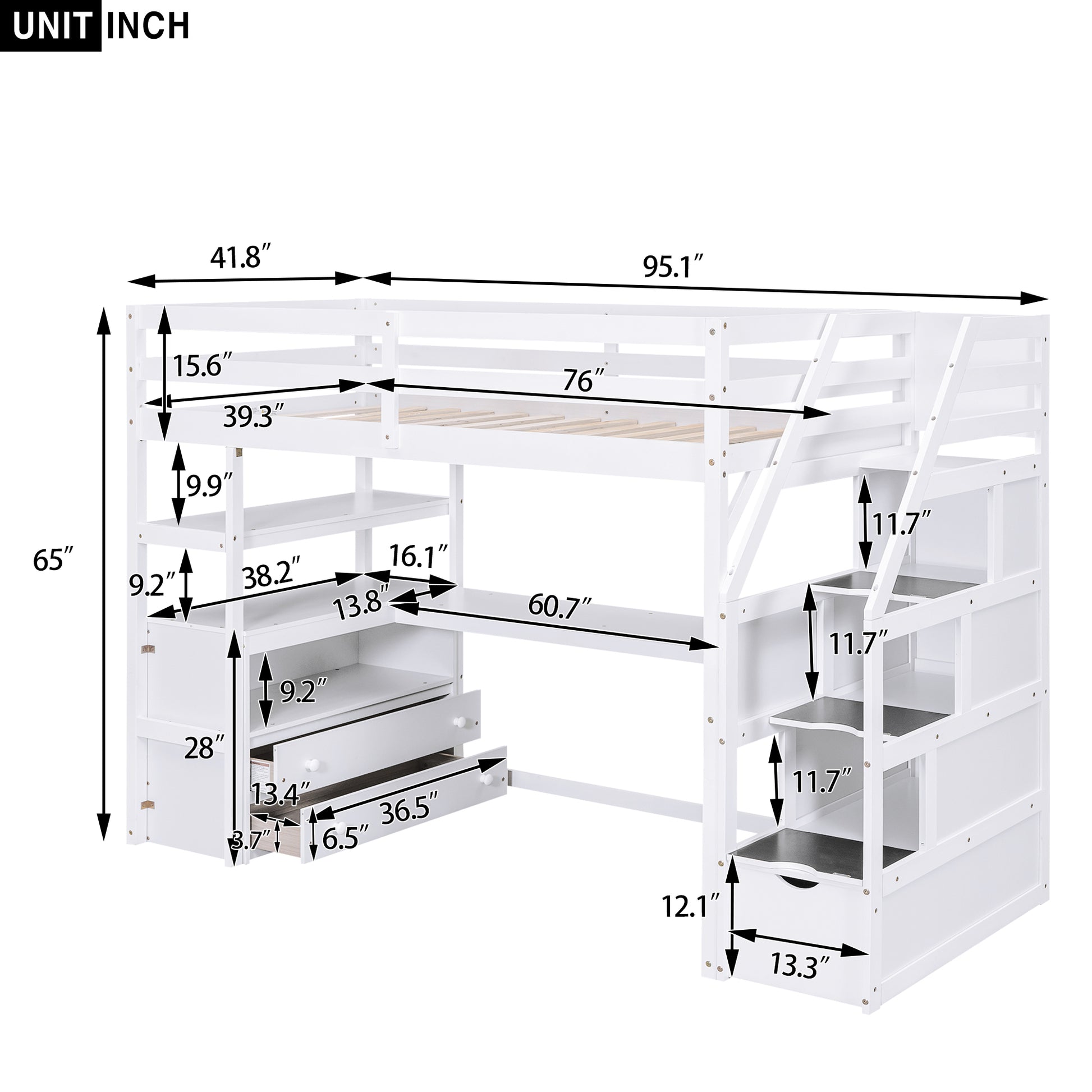 Twin Size Loft Bed With Desk And Shelves, Two Built In Drawers, Storage Staircase, White White Pine