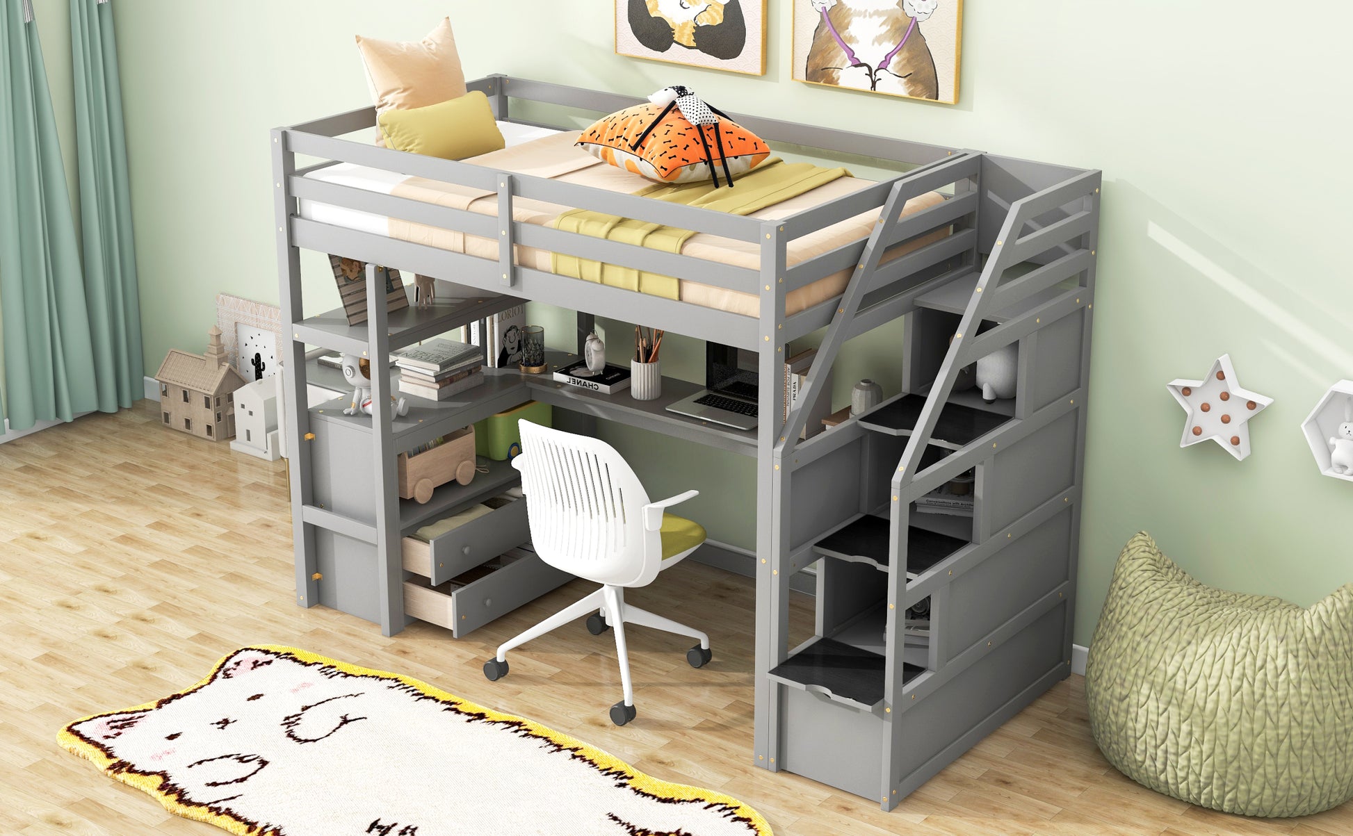 Twin Size Loft Bed With Desk And Shelves, Two Built In Drawers, Storage Staircase, Gray Gray Pine