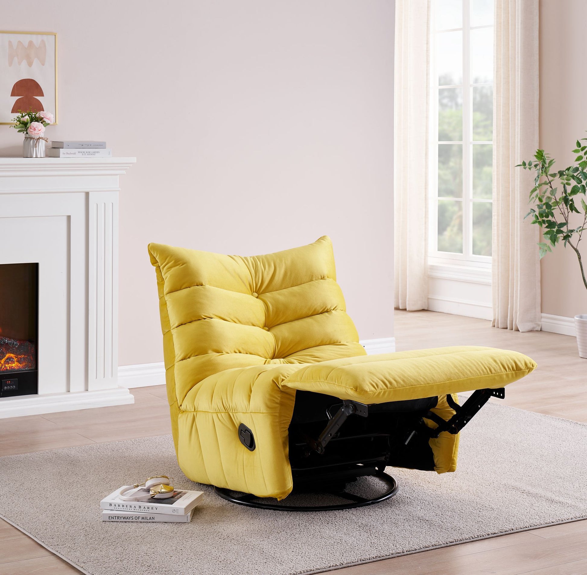 Lazy Chairrotatable Modern Lounge With A Side Pocket, Leisure Upholstered Sofa Chairreading Chair For Small Space Yellow Velvet