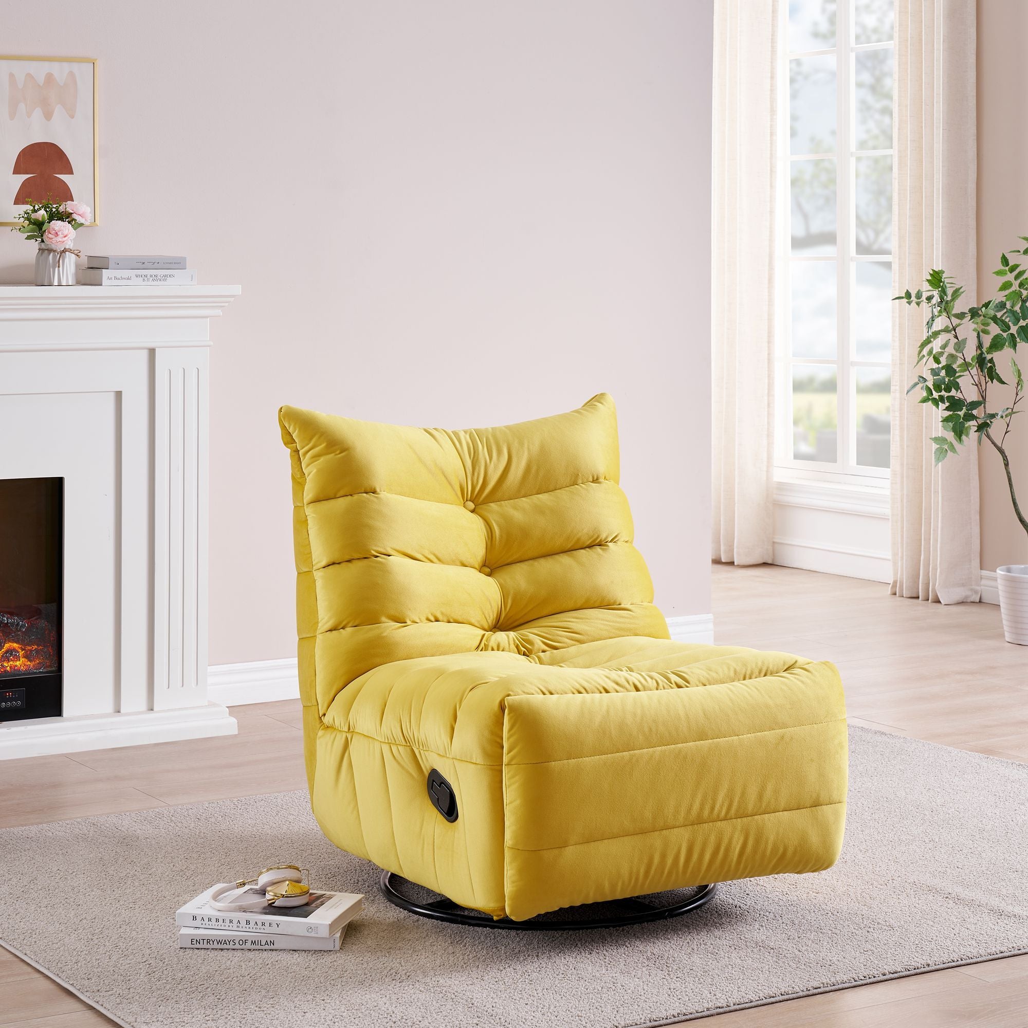 Lazy Chairrotatable Modern Lounge With A Side Pocket, Leisure Upholstered Sofa Chairreading Chair For Small Space Yellow Velvet