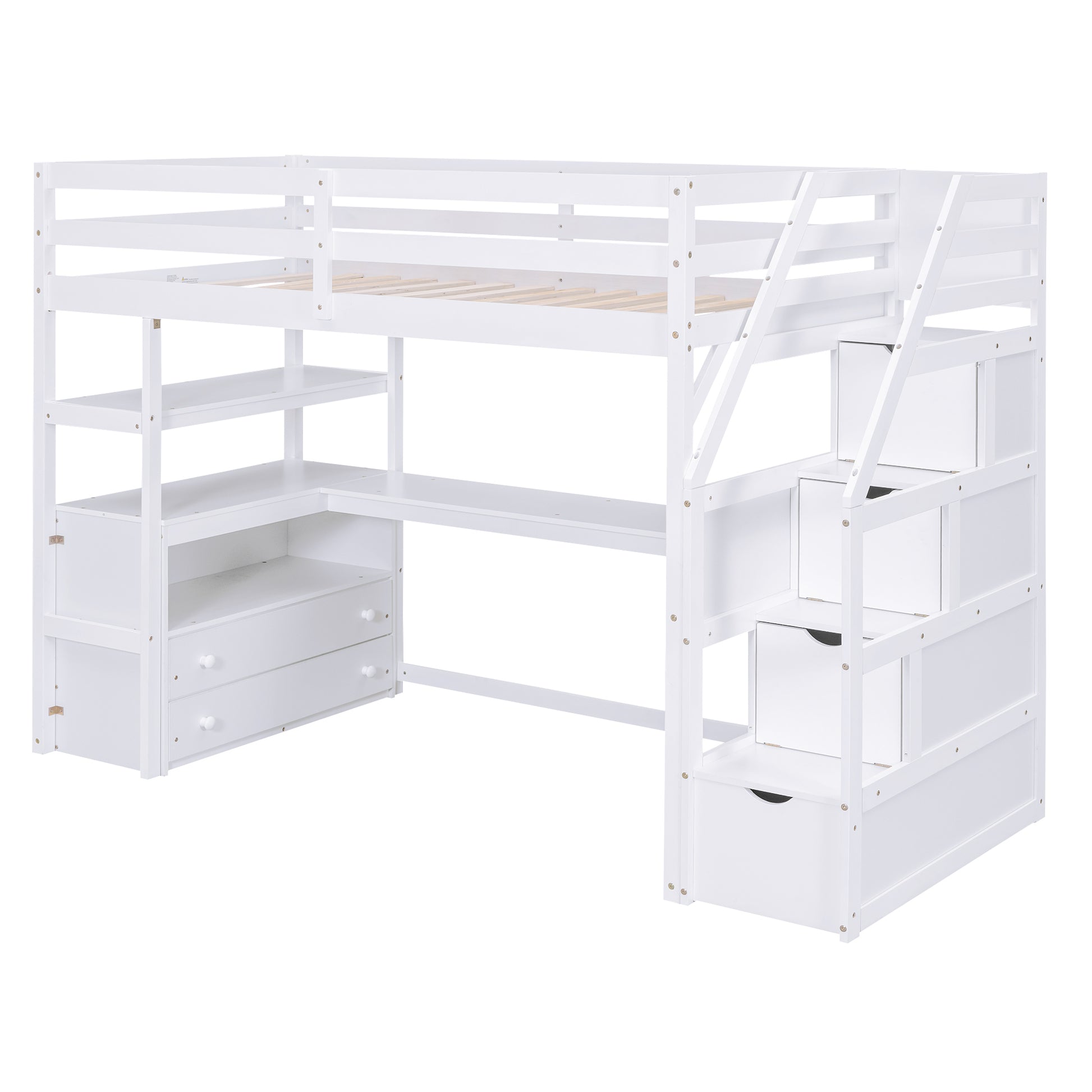 Twin Size Loft Bed With Desk And Shelves, Two Built In Drawers, Storage Staircase, White White Pine