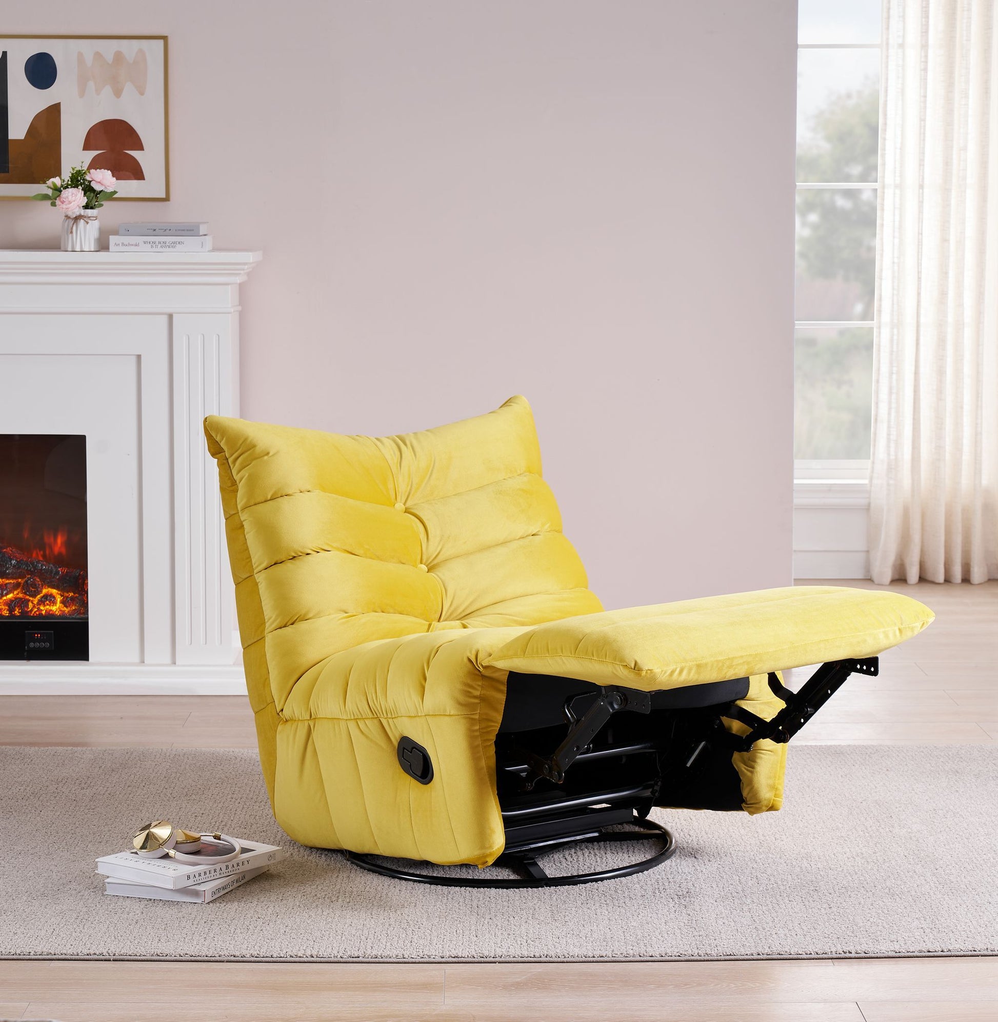 Lazy Chairrotatable Modern Lounge With A Side Pocket, Leisure Upholstered Sofa Chairreading Chair For Small Space Yellow Velvet