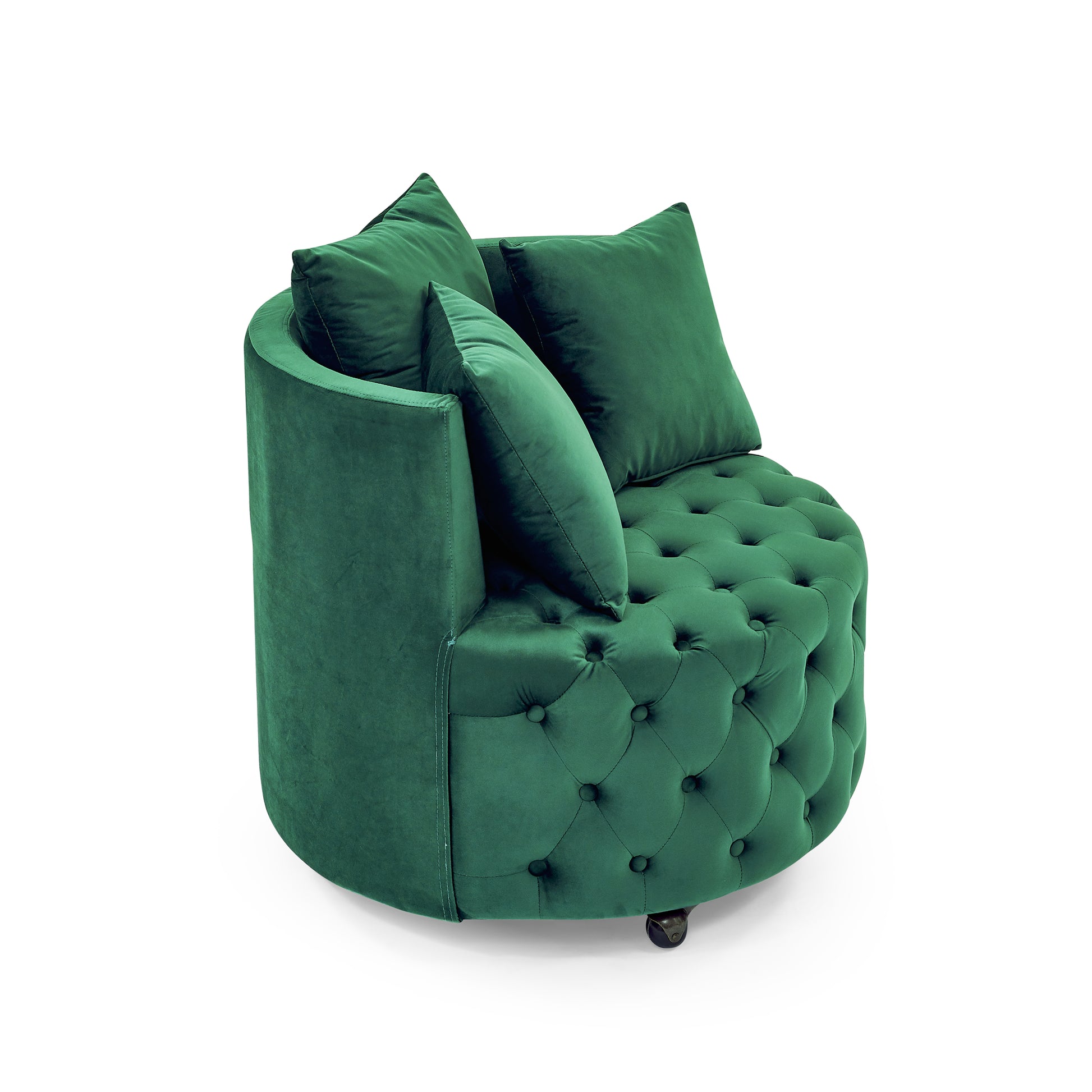 Velvet Upholstered Swivel Chair For Living Room, With Button Tufted Design And Movable Wheels, Including 3 Pillows, Green Green Foam
