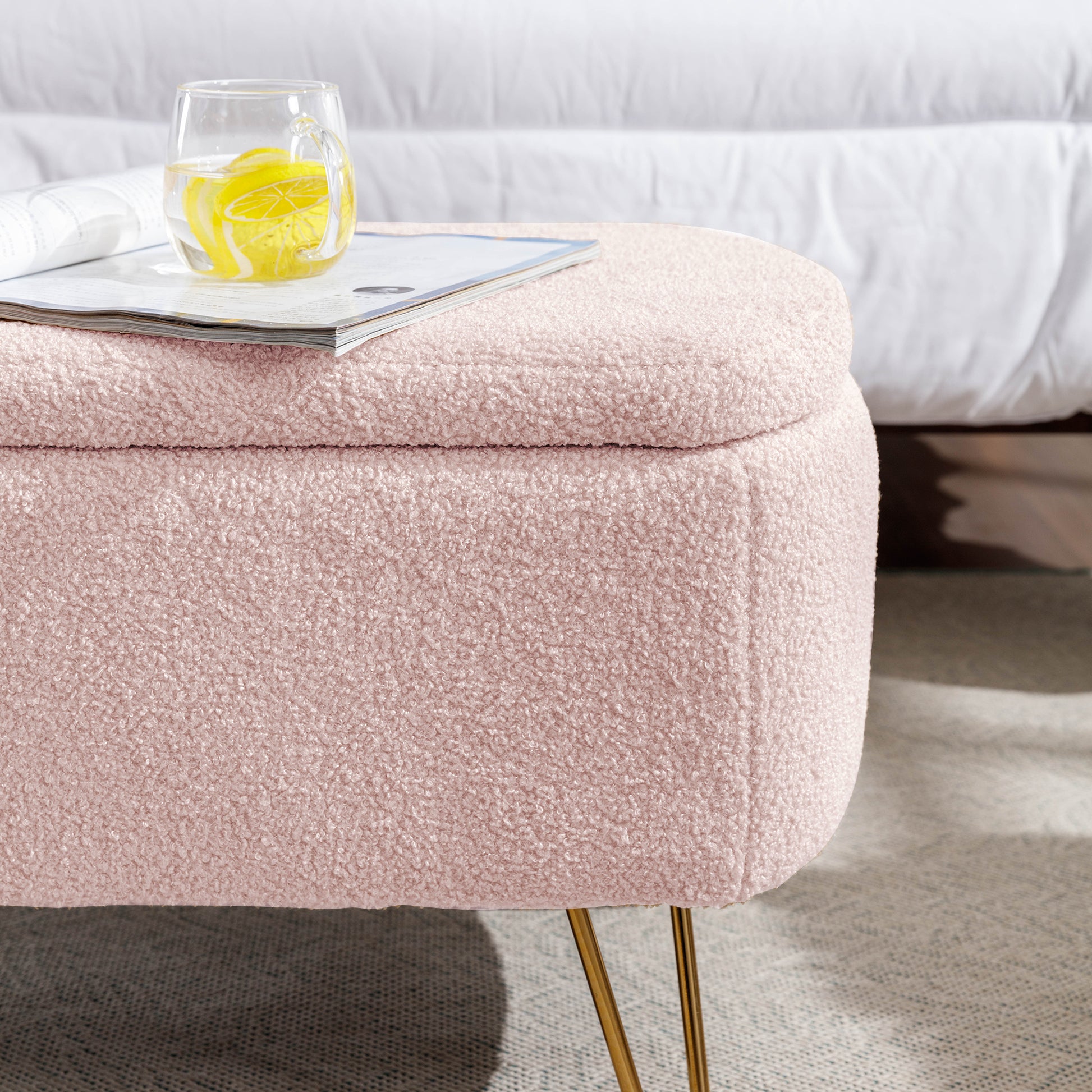 Pink Storage Ottoman Bench For End Of Bed Gold Legs, Modern Grey Faux Fur Entryway Bench Upholstered Padded With Storage For Living Room Bedroom Pink Faux Fur