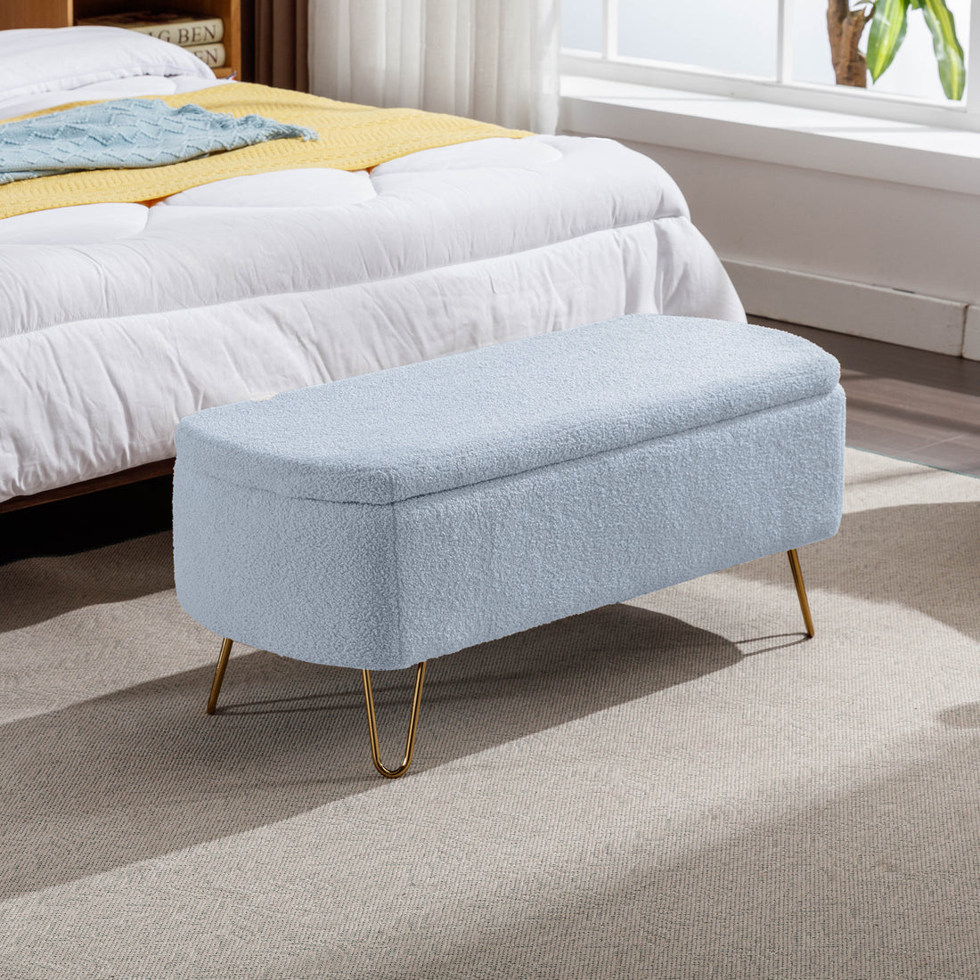 Blue Storage Ottoman Bench For End Of Bed Gold Legs, Modern Grey Faux Fur Entryway Bench Upholstered Padded With Storage For Living Room Bedroom Blue Faux Fur