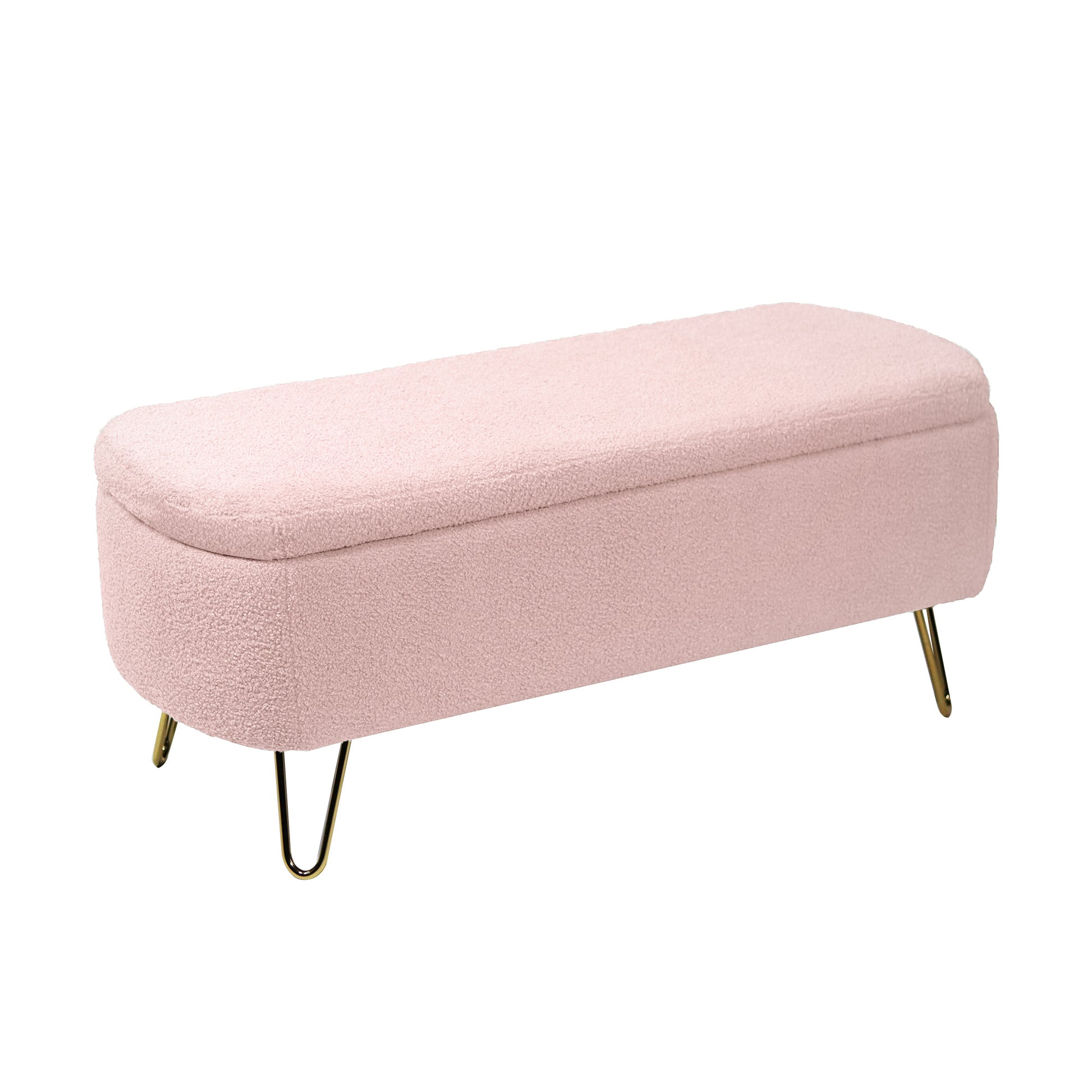 Pink Storage Ottoman Bench For End Of Bed Gold Legs, Modern Grey Faux Fur Entryway Bench Upholstered Padded With Storage For Living Room Bedroom Pink Faux Fur