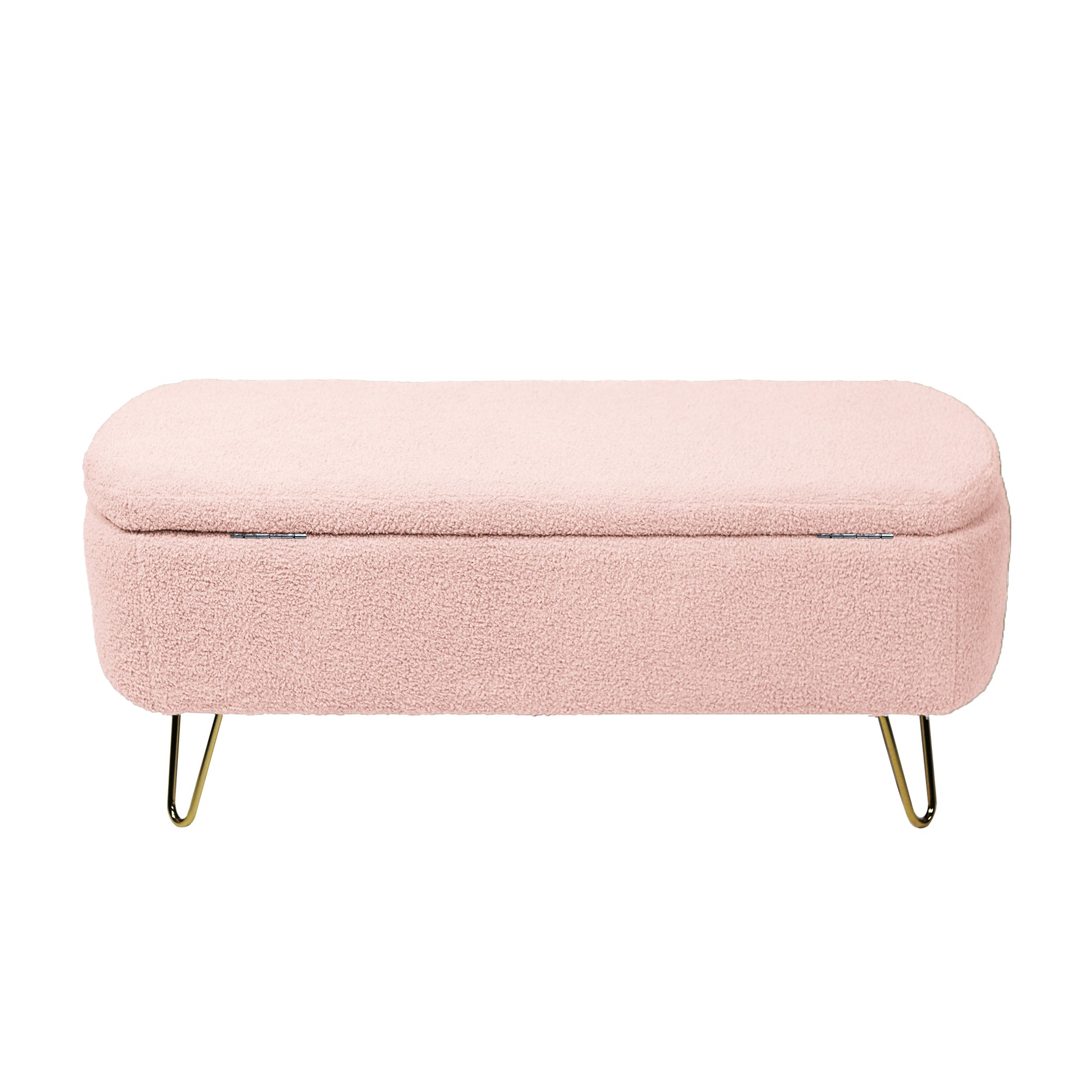 Pink Storage Ottoman Bench For End Of Bed Gold Legs, Modern Grey Faux Fur Entryway Bench Upholstered Padded With Storage For Living Room Bedroom Pink Faux Fur