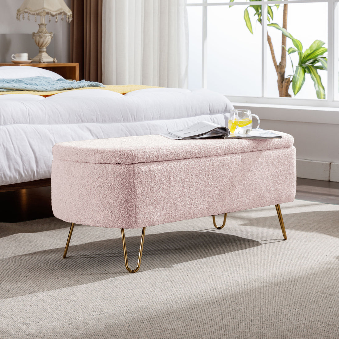 Pink Storage Ottoman Bench For End Of Bed Gold Legs, Modern Grey Faux Fur Entryway Bench Upholstered Padded With Storage For Living Room Bedroom Pink Faux Fur