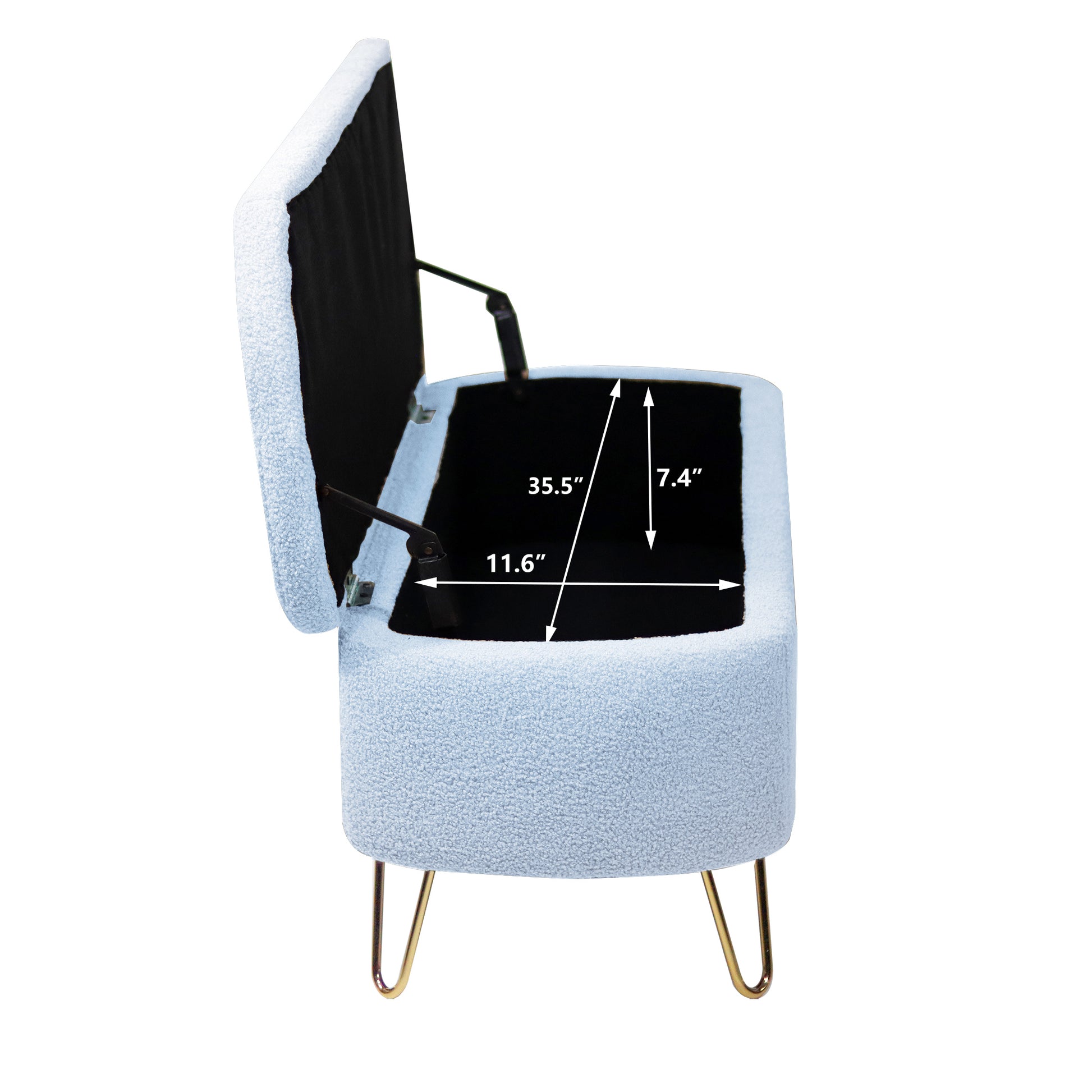 Blue Storage Ottoman Bench For End Of Bed Gold Legs, Modern Grey Faux Fur Entryway Bench Upholstered Padded With Storage For Living Room Bedroom Blue Faux Fur