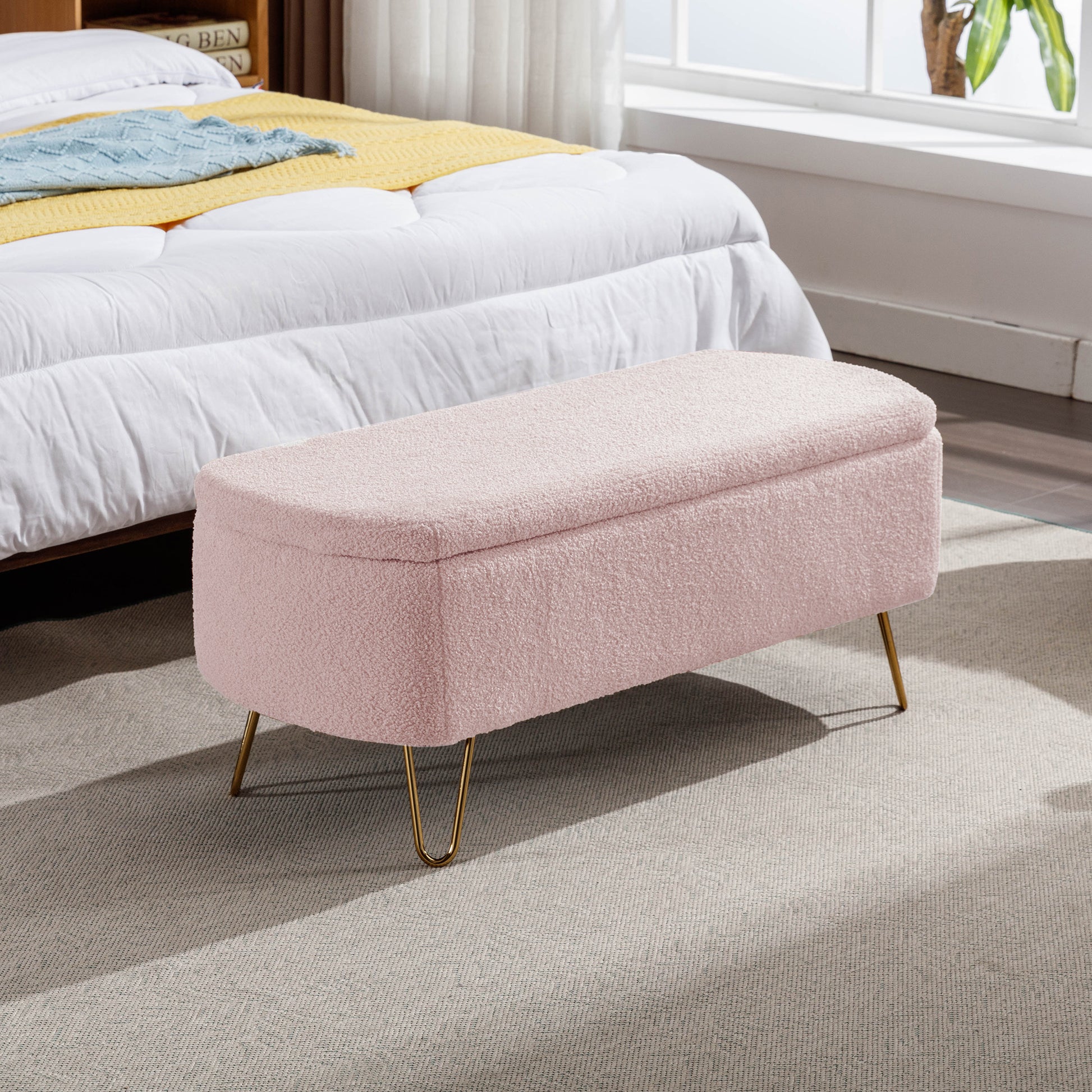 Pink Storage Ottoman Bench For End Of Bed Gold Legs, Modern Grey Faux Fur Entryway Bench Upholstered Padded With Storage For Living Room Bedroom Pink Faux Fur