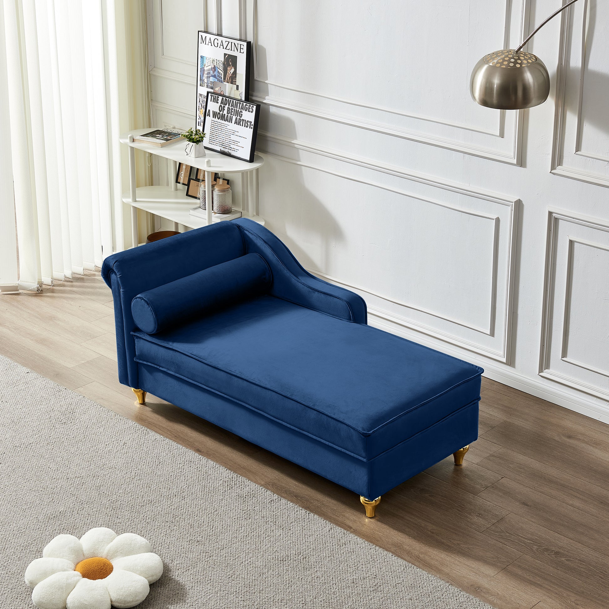 Modern Upholstery Chaise Lounge Chair With Storage Velvet Navy Blue Navy Blue Foam Velvet