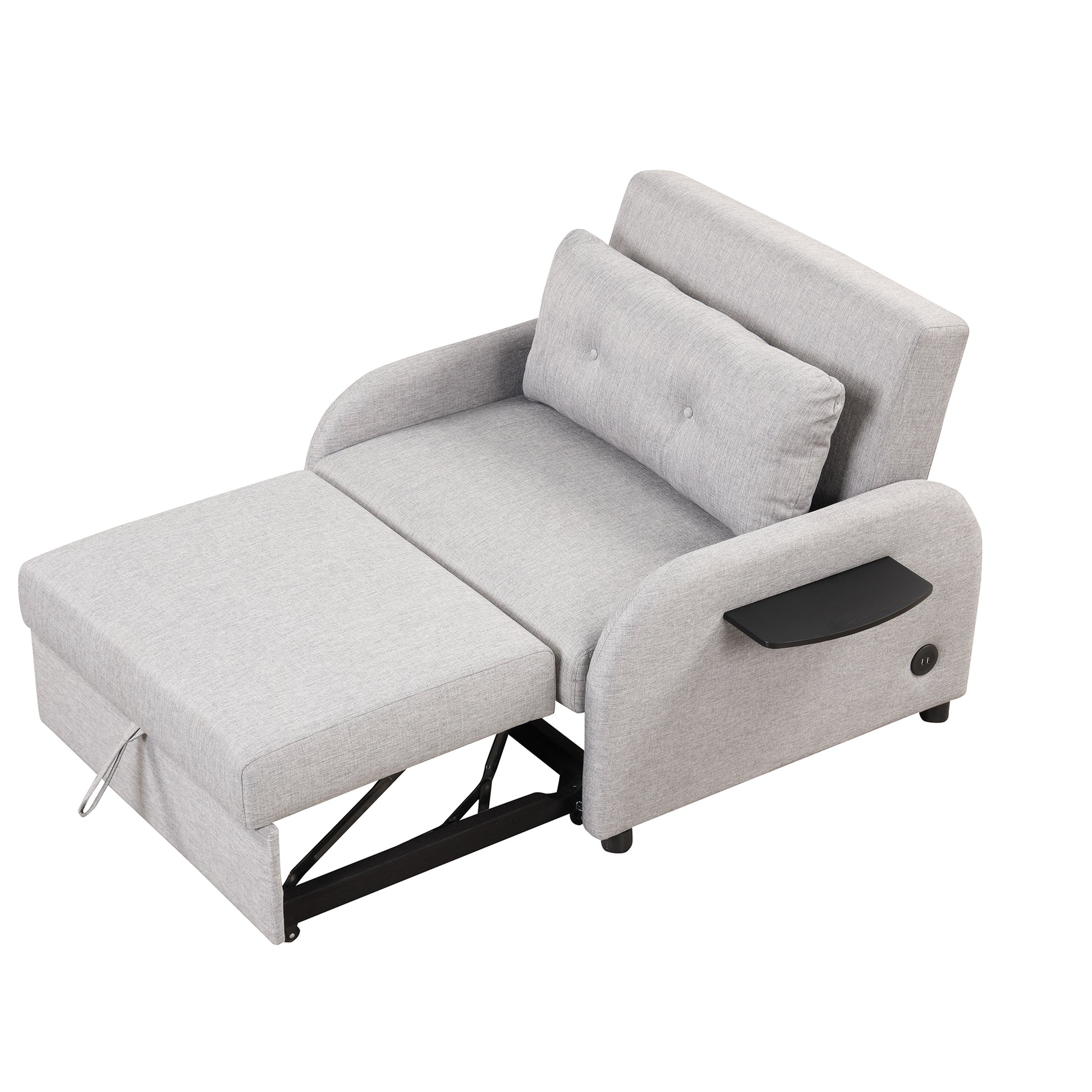 Pull Out Sofa Sleeper 3 In 1 With 2 Wing Table And Usb Charge For Nap Line Fabric For Living Room Recreation Room Grey Gray Foam Linen