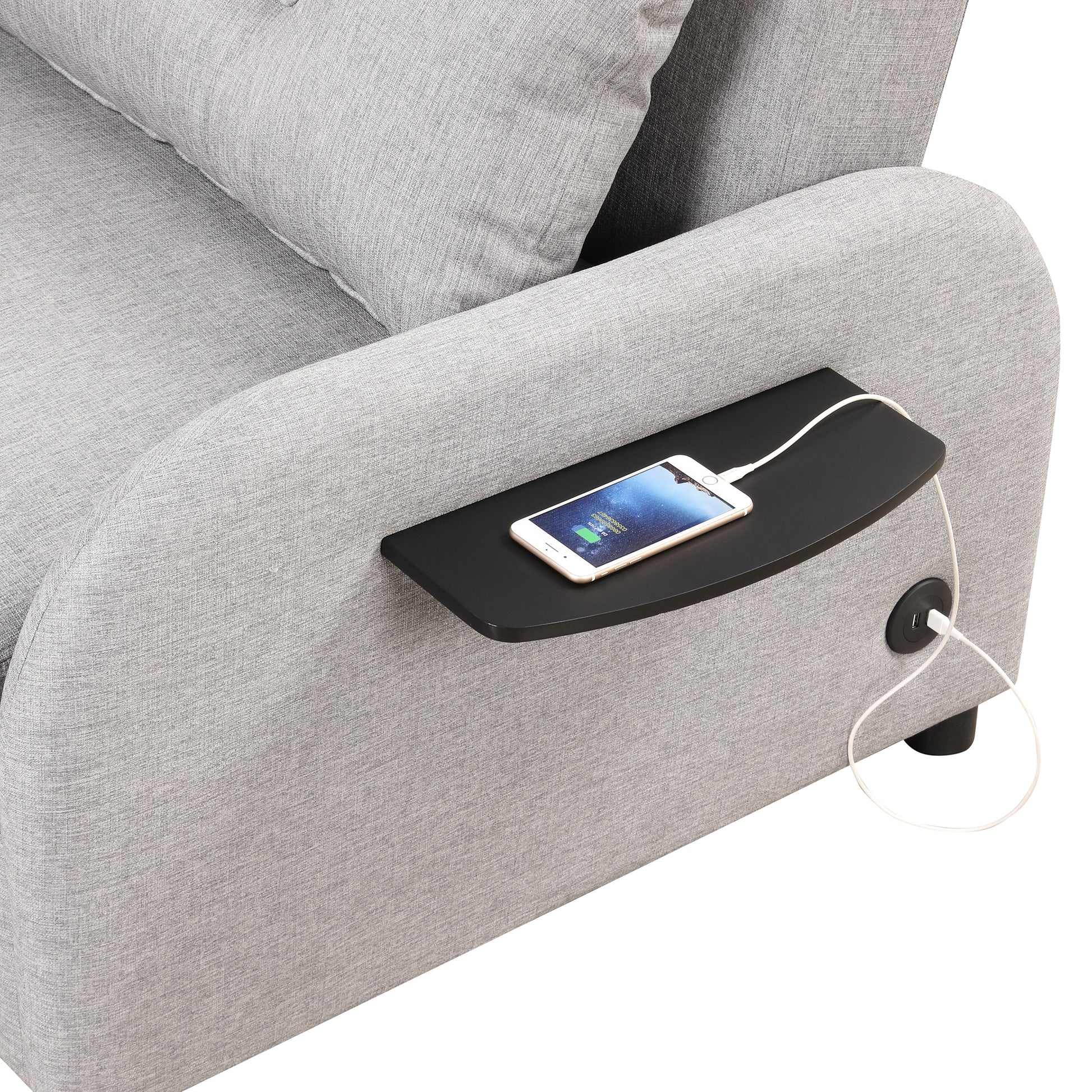 Pull Out Sofa Sleeper 3 In 1 With 2 Wing Table And Usb Charge For Nap Line Fabric For Living Room Recreation Room Grey Gray Foam Linen