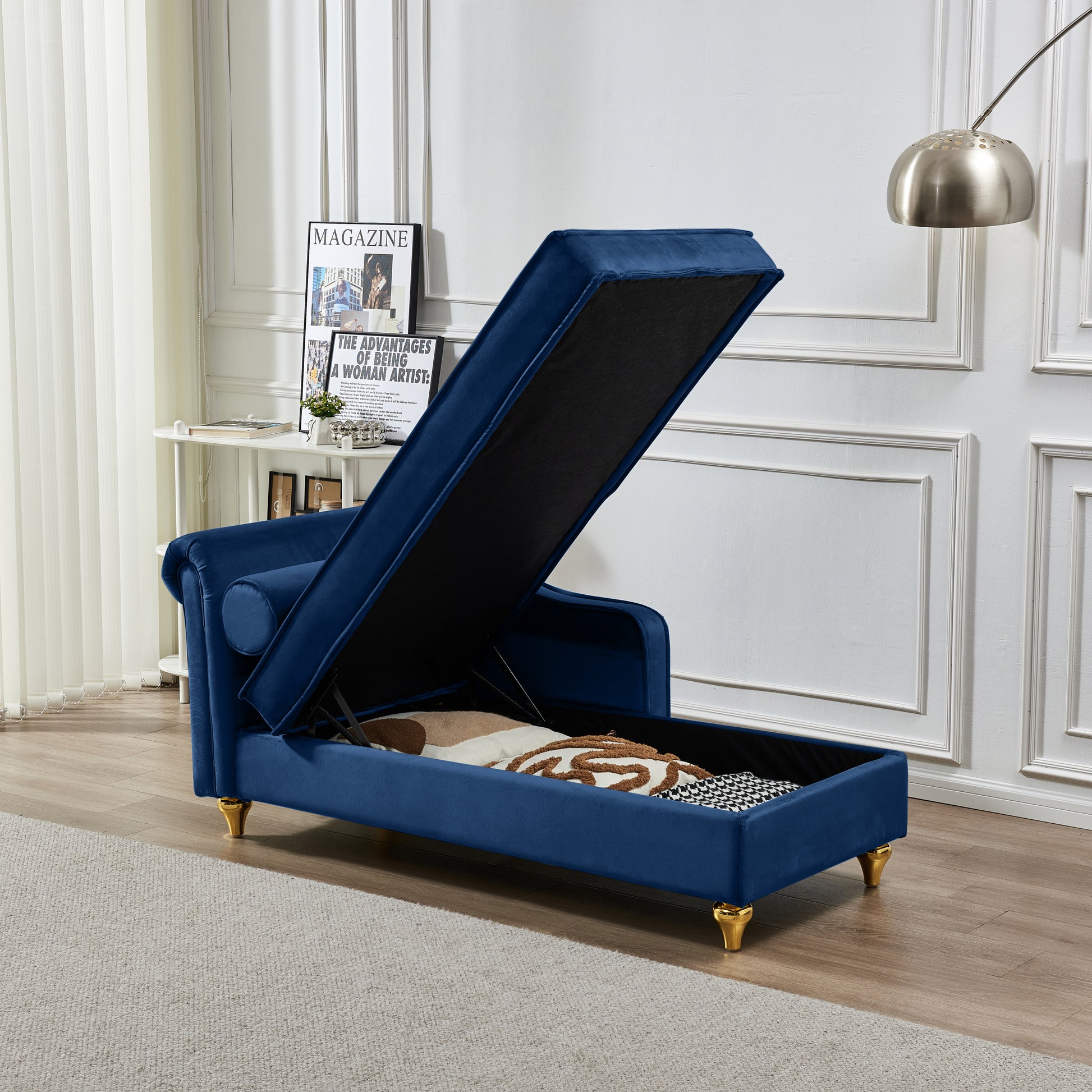 Modern Upholstery Chaise Lounge Chair With Storage Velvet Navy Blue Navy Blue Foam Velvet