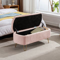 Pink Storage Ottoman Bench For End Of Bed Gold Legs, Modern Grey Faux Fur Entryway Bench Upholstered Padded With Storage For Living Room Bedroom Pink Faux Fur