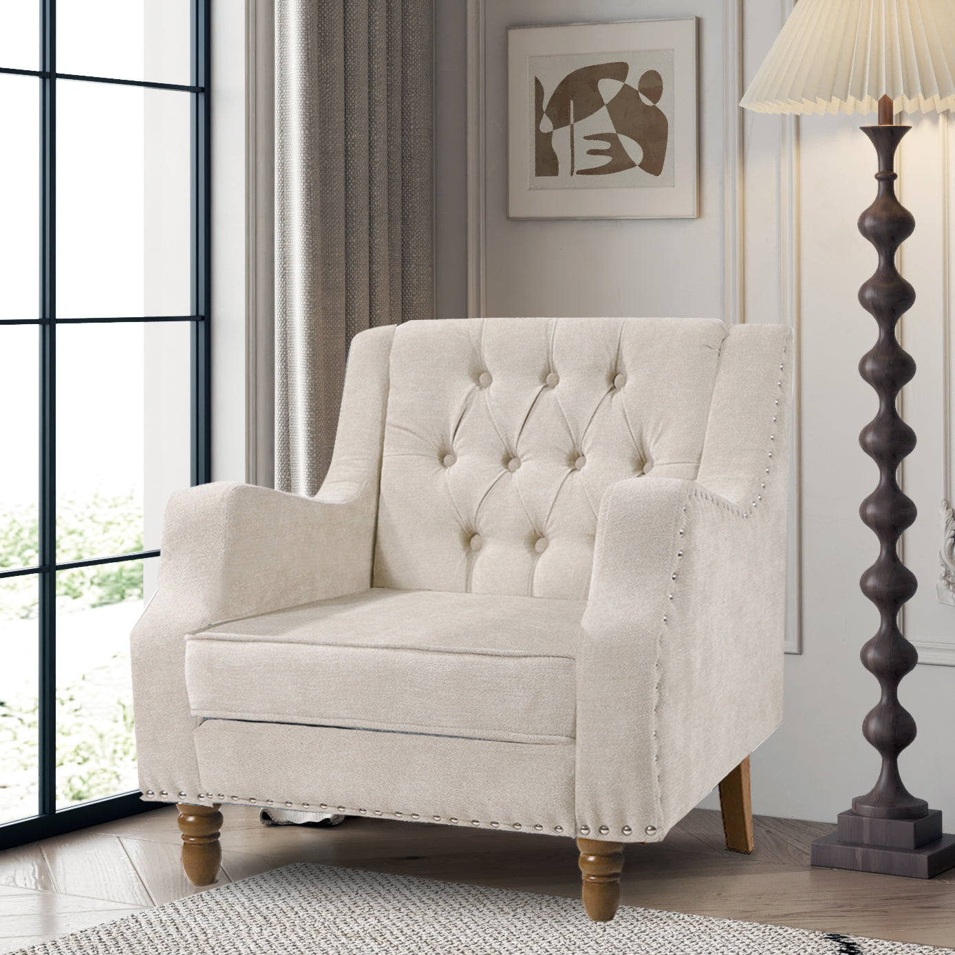 Beige Accent Chair, Living Room Chair, Footrest Chair Set With Vintage Brass Studs, Button Tufted Upholstered Armchair For Living Room, Comfy Reading Chair For Bedroom, Reception Room Beige Linen