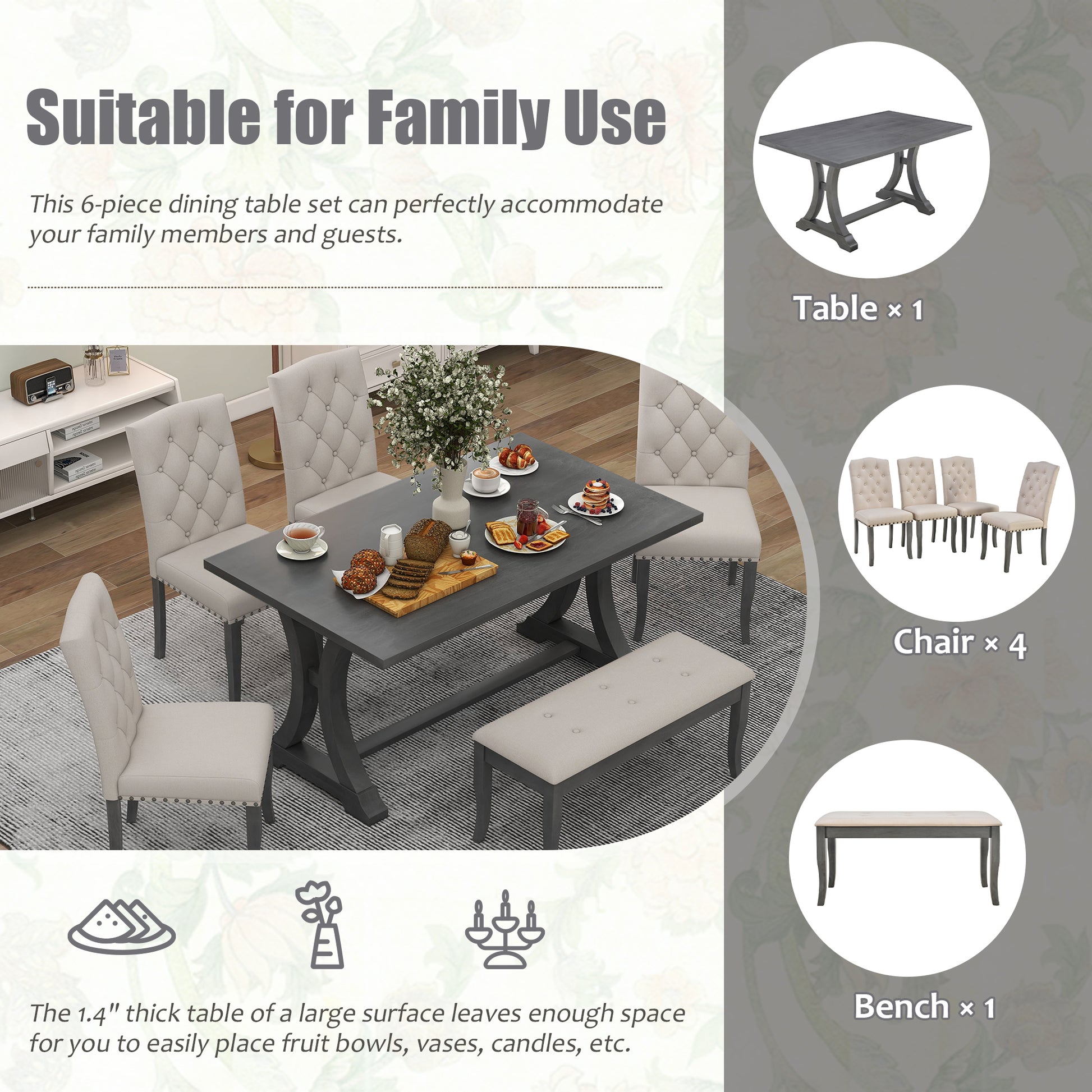 6 Piece Farmhouse Dining Table Set, Rectangular Trestle Table And 4 Upholstered Chairs & Bench For Dining Room Antique Gray Antique Gray Solid Wood