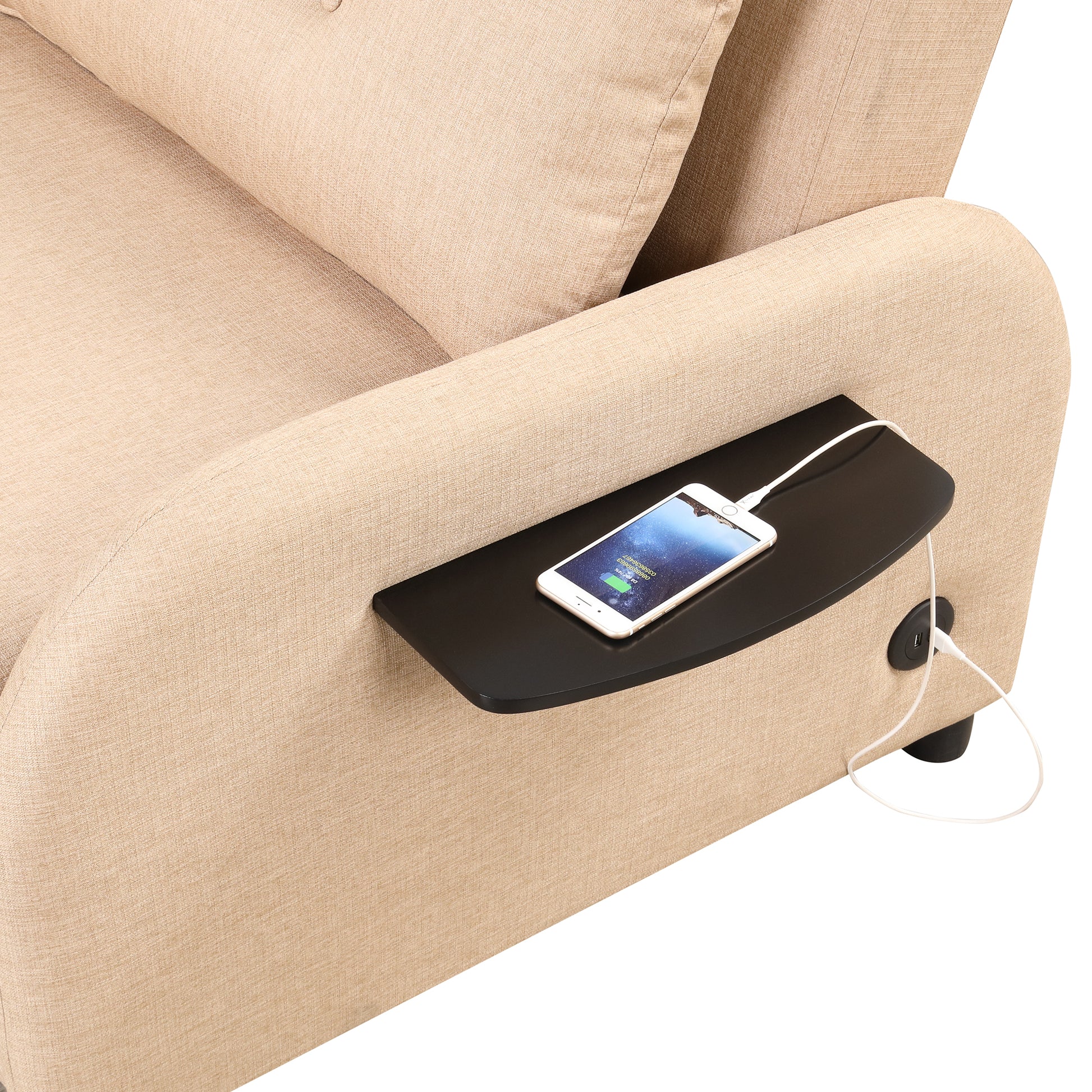 Pull Out Sofa Sleeper 3 In 1 With 2 Wing Table And Usb Charge For Nap Line Fabric For Living Room Recreation Room Beige Beige Foam Linen