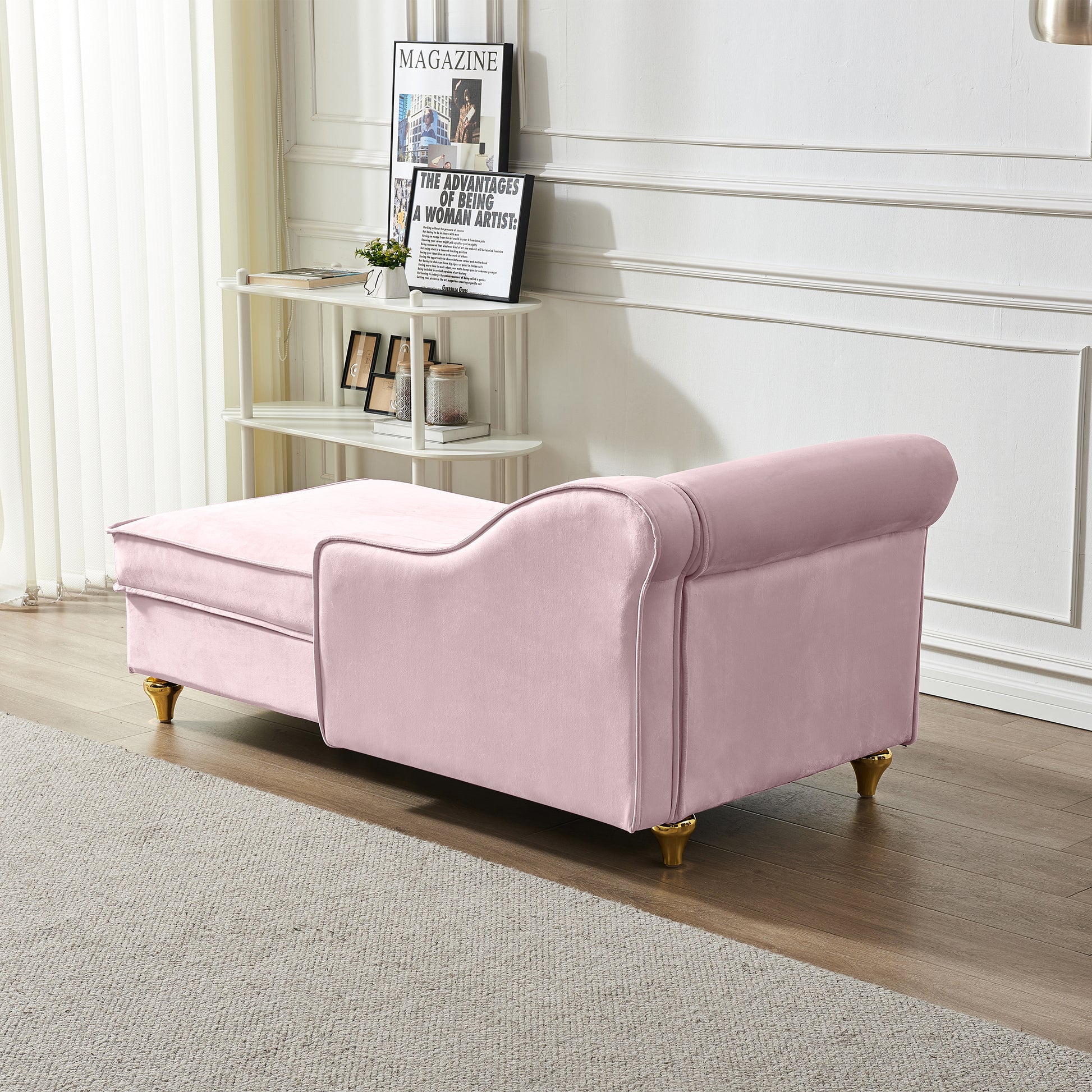 Modern Upholstery Chaise Lounge Chair With Storage Velvet Pink Pink Foam Velvet