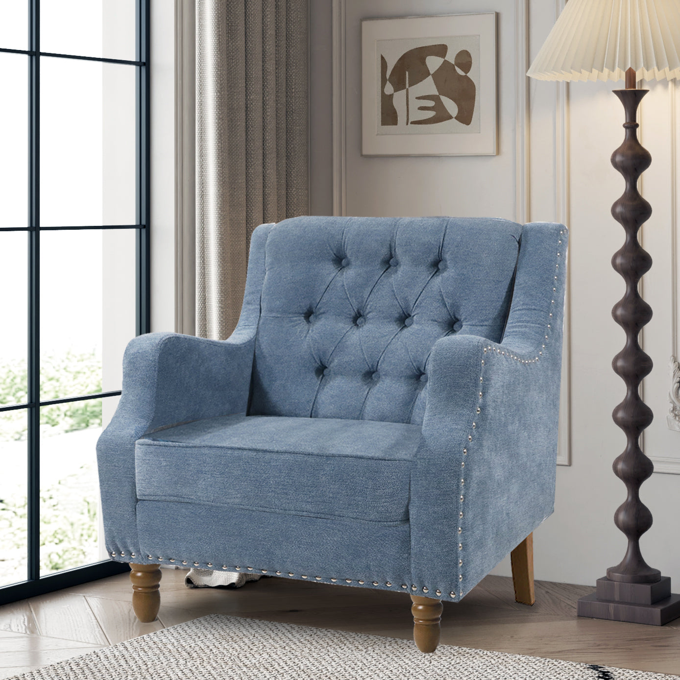 Blue Accent Chair, Living Room Chair, Footrest Chair Set With Vintage Brass Studs, Button Tufted Upholstered Armchair For Living Room, Comfy Reading Chair For Bedroom, Reception Room Blue Linen