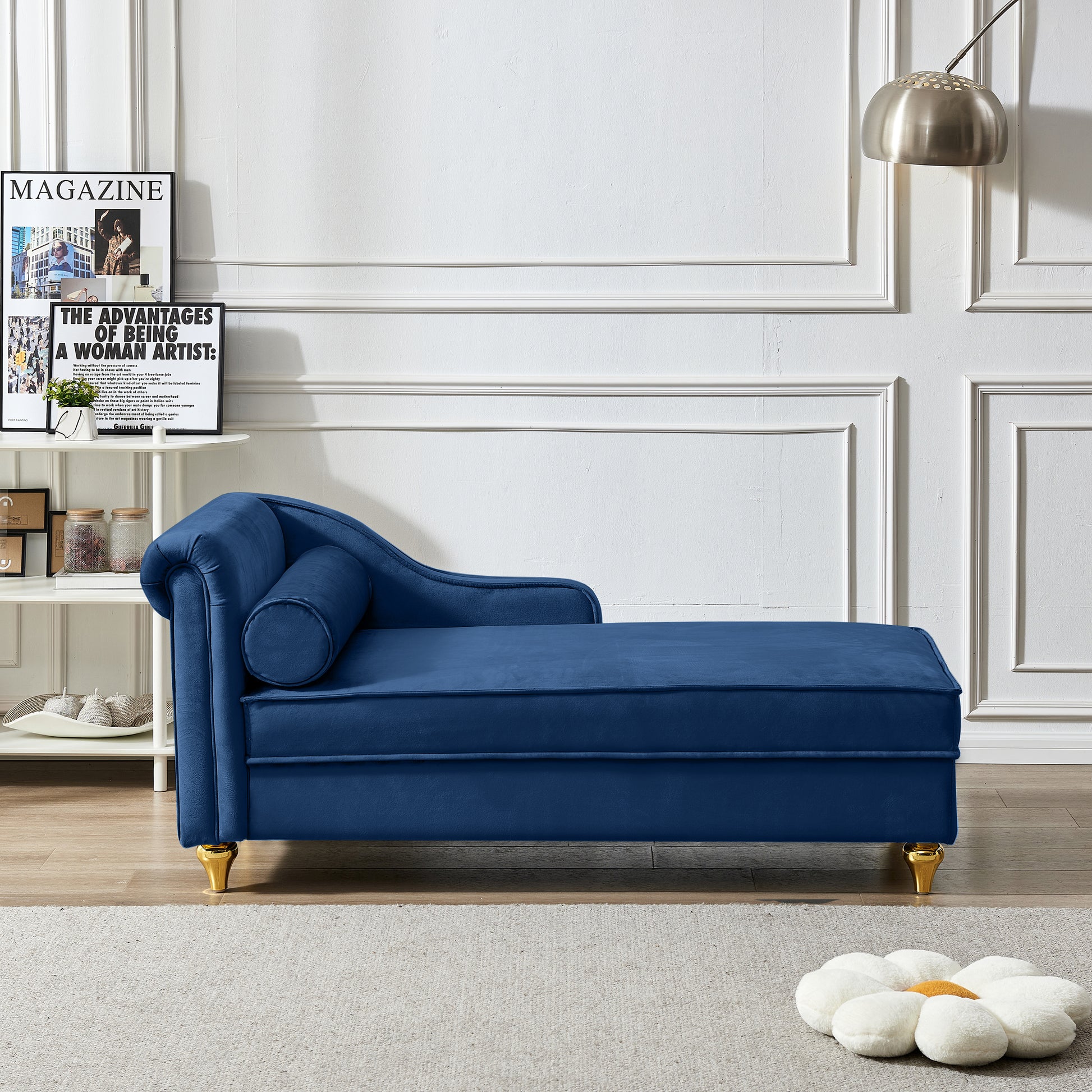 Modern Upholstery Chaise Lounge Chair With Storage Velvet Navy Blue Navy Blue Foam Velvet