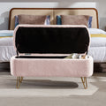 Pink Storage Ottoman Bench For End Of Bed Gold Legs, Modern Grey Faux Fur Entryway Bench Upholstered Padded With Storage For Living Room Bedroom Pink Faux Fur